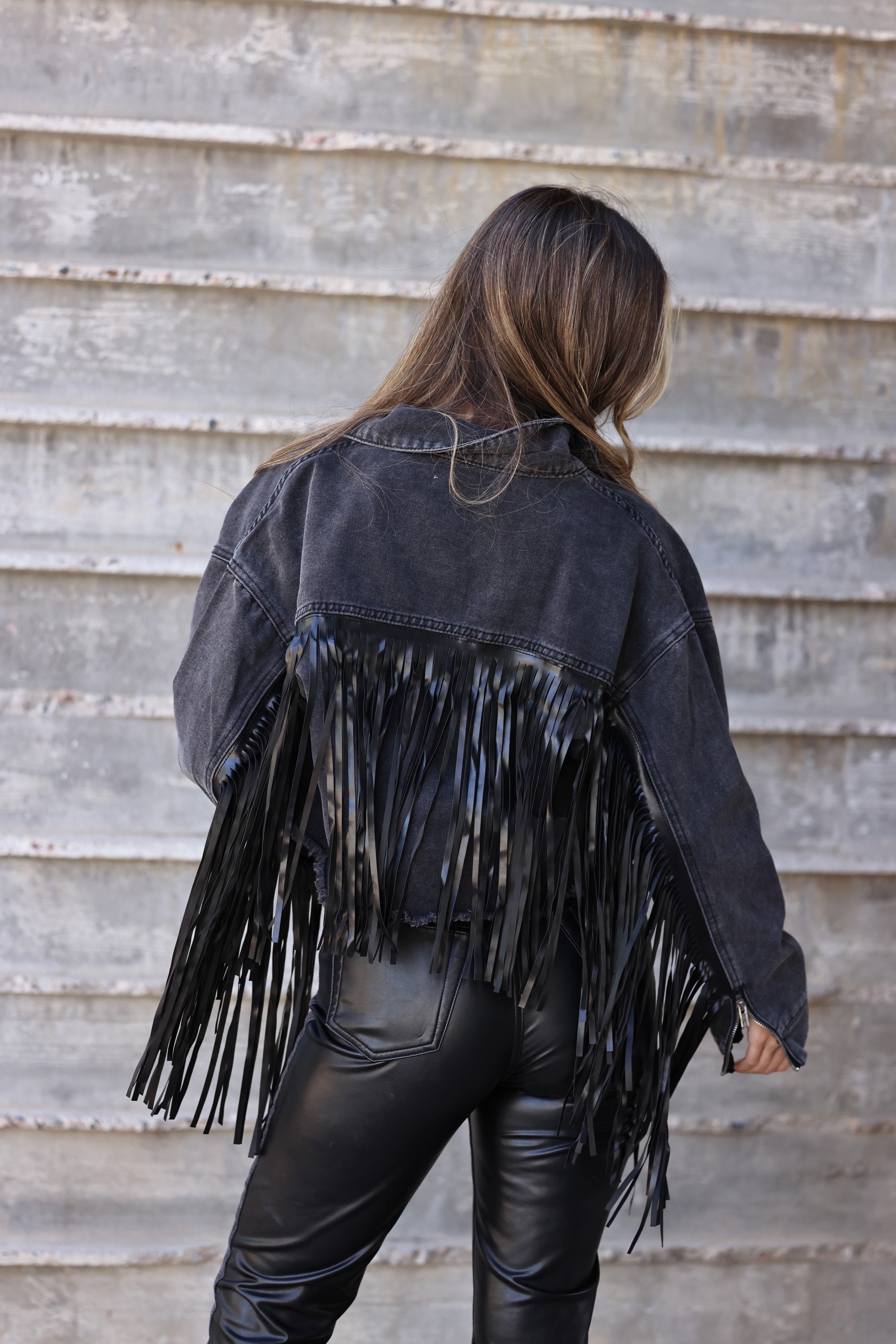 veveret stylish equestrian aynsley fringe denim jacket black