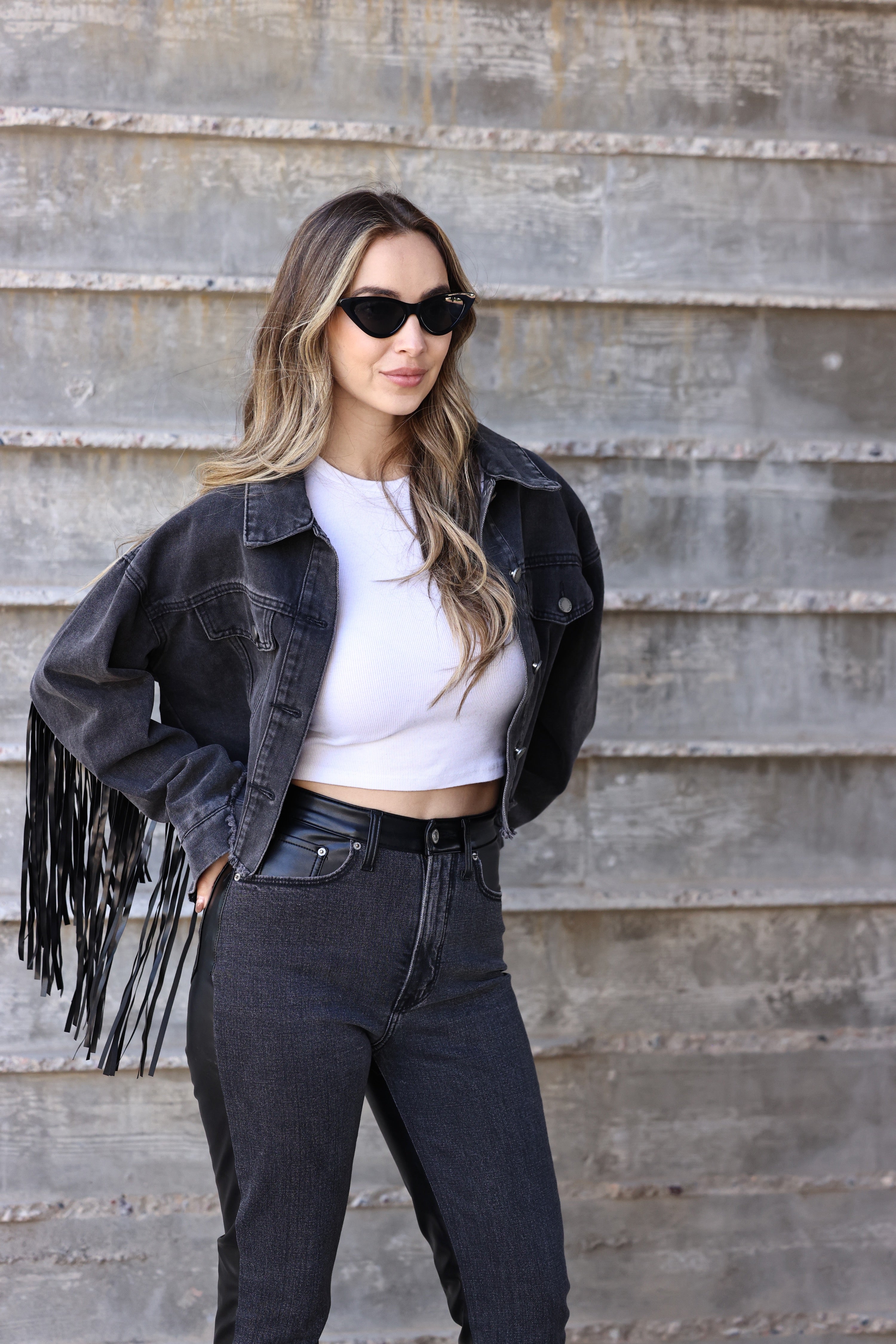 veveret stylish equestrian aynsley fringe denim jacket black