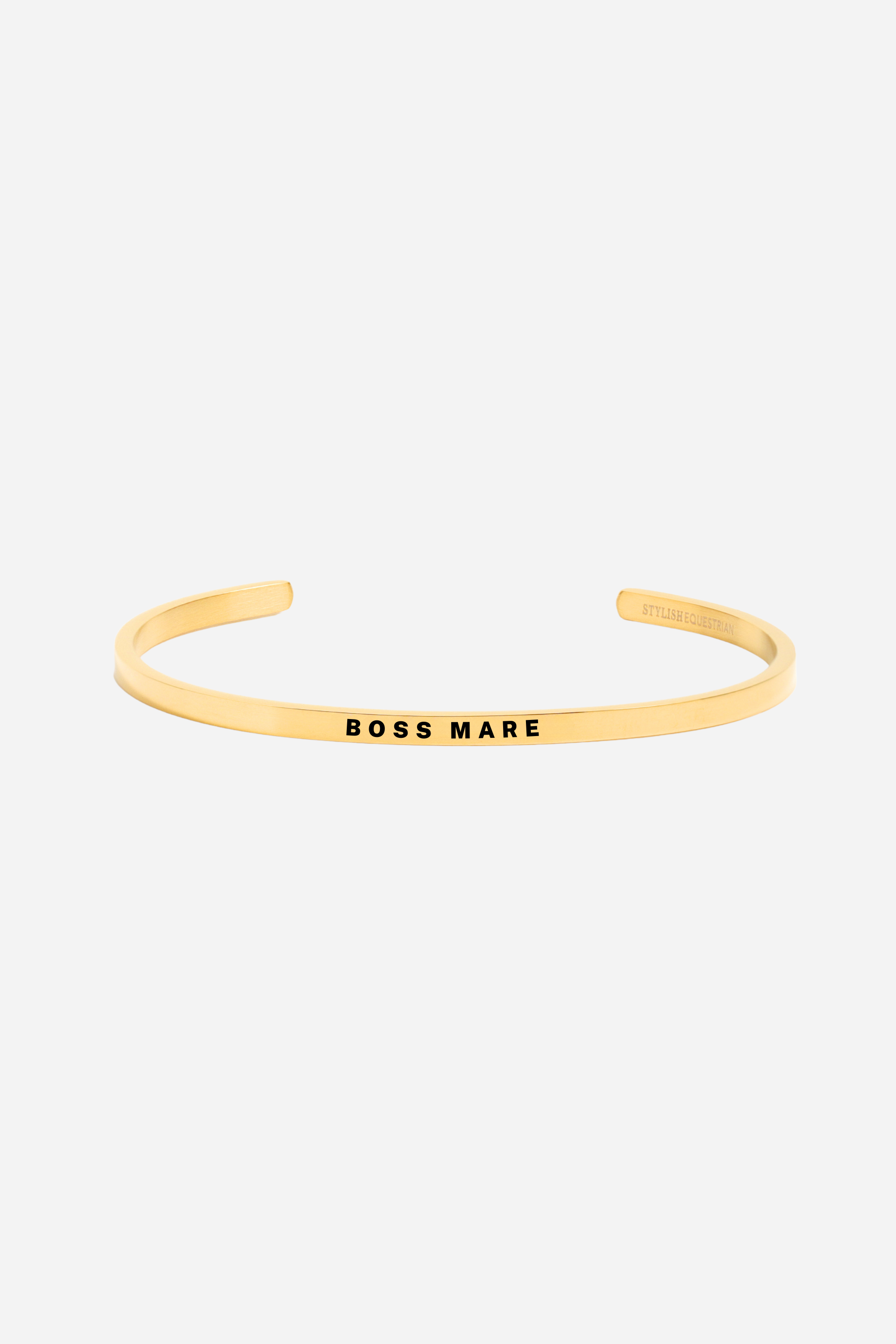 Boss Mare Bangle available in gold and silver stainless steel. 18k gold-dipped, adjustable, tarnish-resistant bracelet for equestrian enthusiasts. Empowering jewelry for confident women — Buy 2, Get 1 Free.