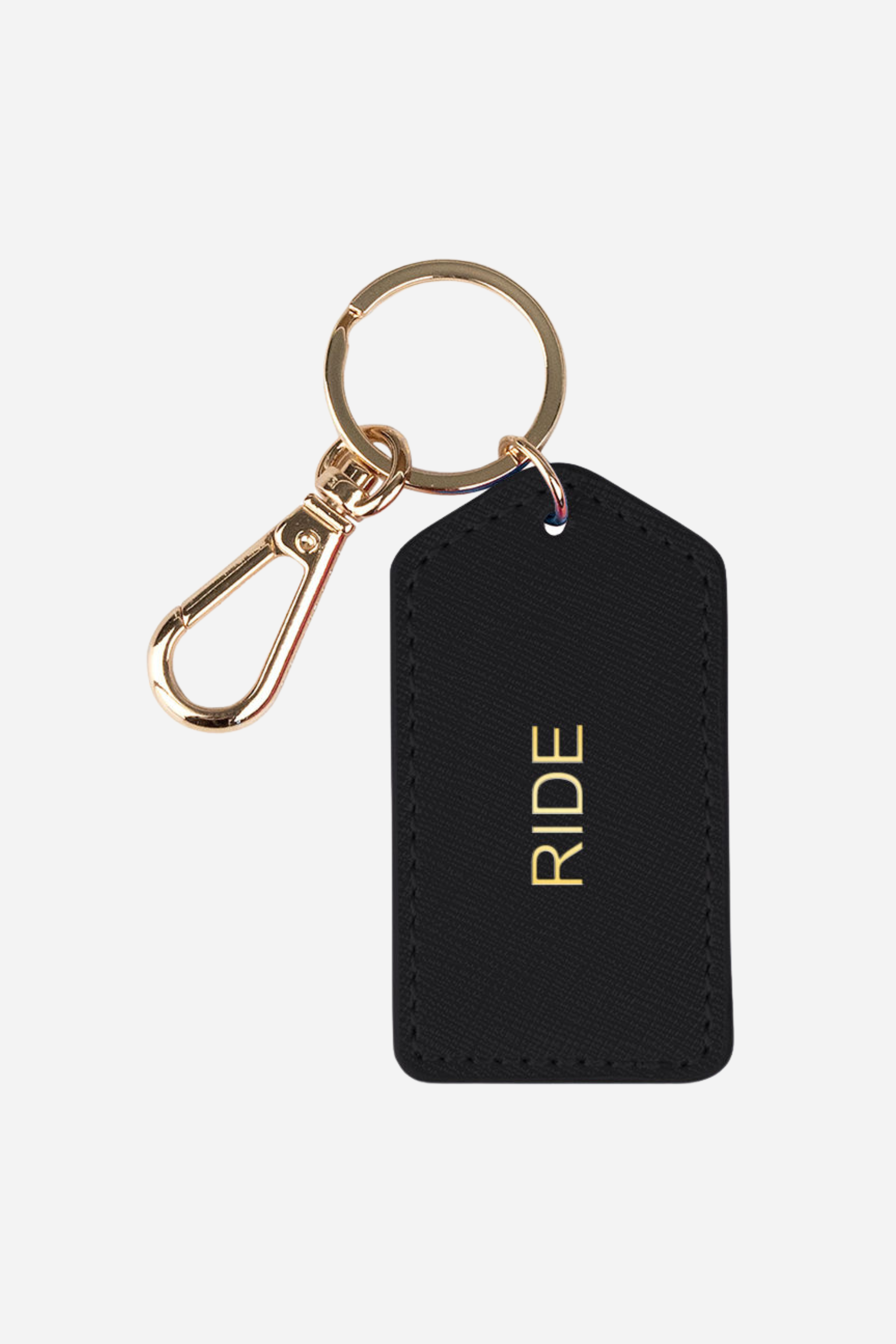 blvd custom stylish equestrian leather key ring Cleo equestrian key ring in black pebbled leather featuring gold foil equestrian design and gold-tone snap hook