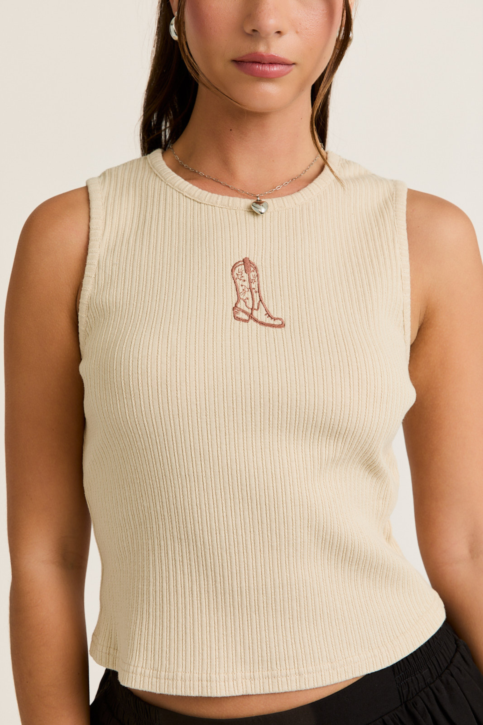 Cowboy Boot Embroidered Ribbed Tank
