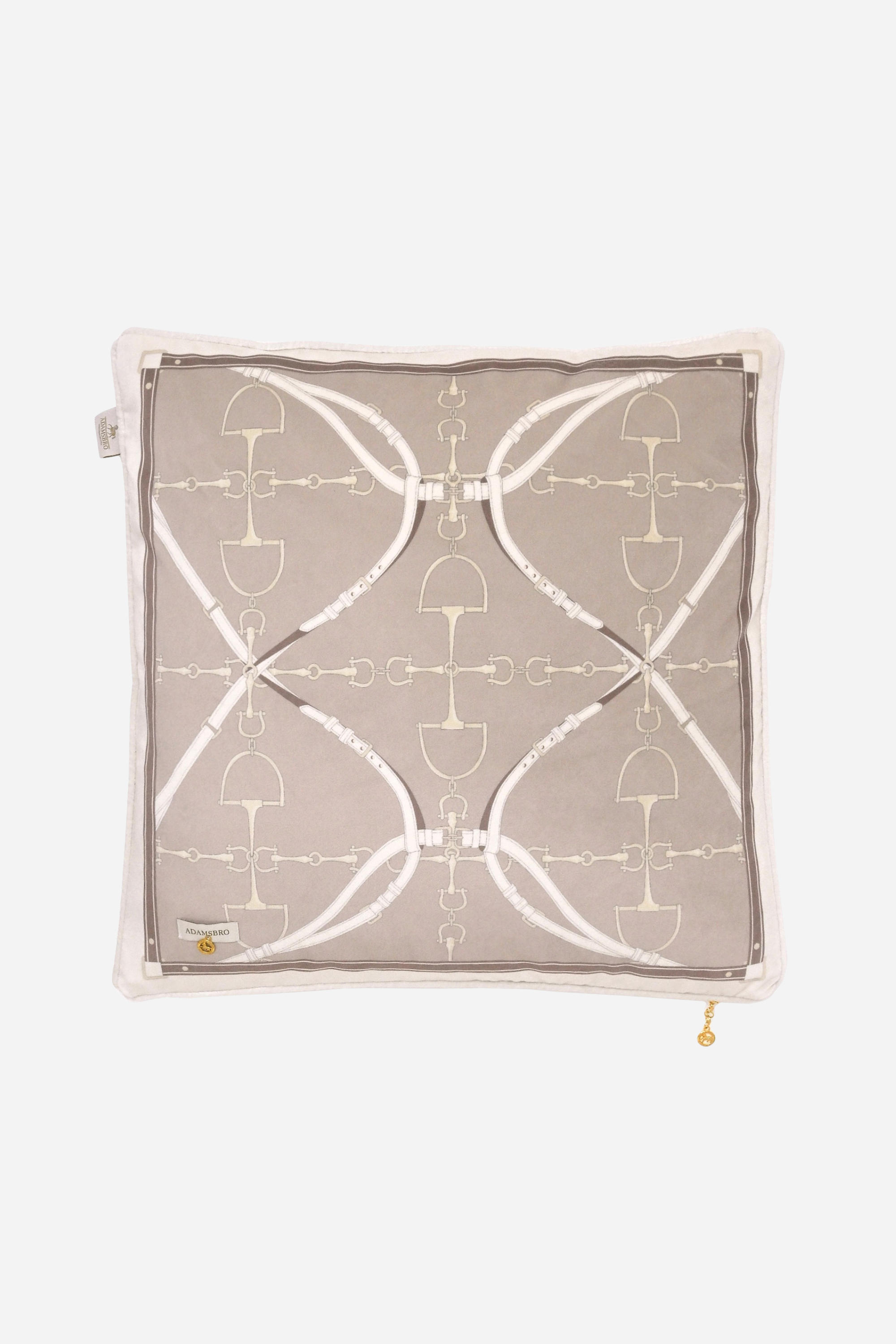 D-Ring Velvet Pillow – Putty by Stylish Equestrian, a luxurious 22x22 brushed velvet pillow featuring a modern equestrian D-ring bit pattern in soft neutral hues. Includes insert with side zip access and solid velvet backing for a refined finish. Perfect for adding equestrian charm and sophistication to any home décor. equestrian home decor and interior design, horse themed pillow, D-ring bit pillow, luxury velvet cushion, equestrian home furnishing, neutral horse decor, elegant equestrian accent
