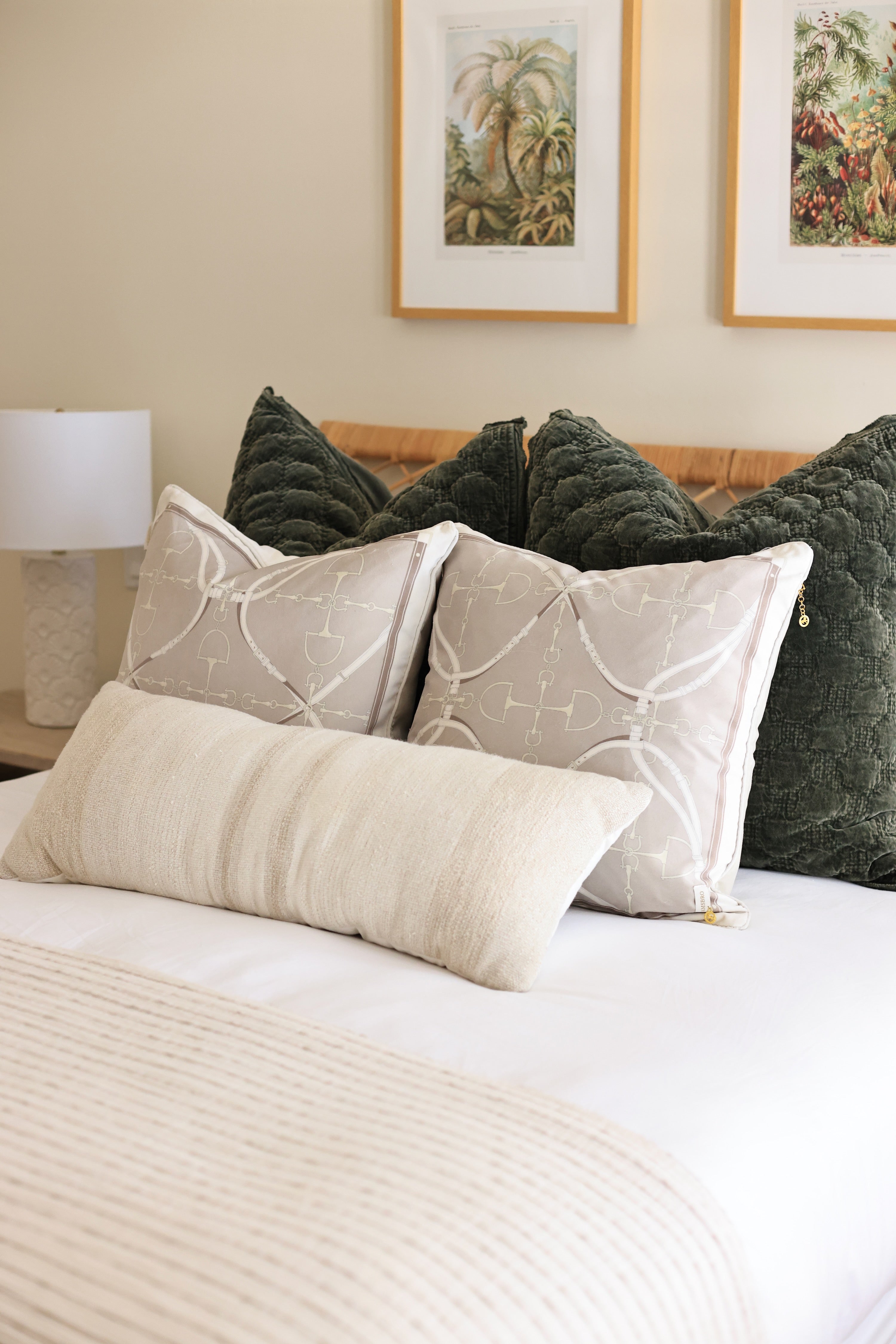 D-Ring Velvet Pillow – Putty by Stylish Equestrian, a luxurious 22x22 brushed velvet pillow featuring a modern equestrian D-ring bit pattern in soft neutral hues. Includes insert with side zip access and solid velvet backing for a refined finish. Perfect for adding equestrian charm and sophistication to any home décor. equestrian home decor and interior design, horse themed pillow, D-ring bit pillow, luxury velvet cushion, equestrian home furnishing, neutral horse decor, elegant equestrian accent