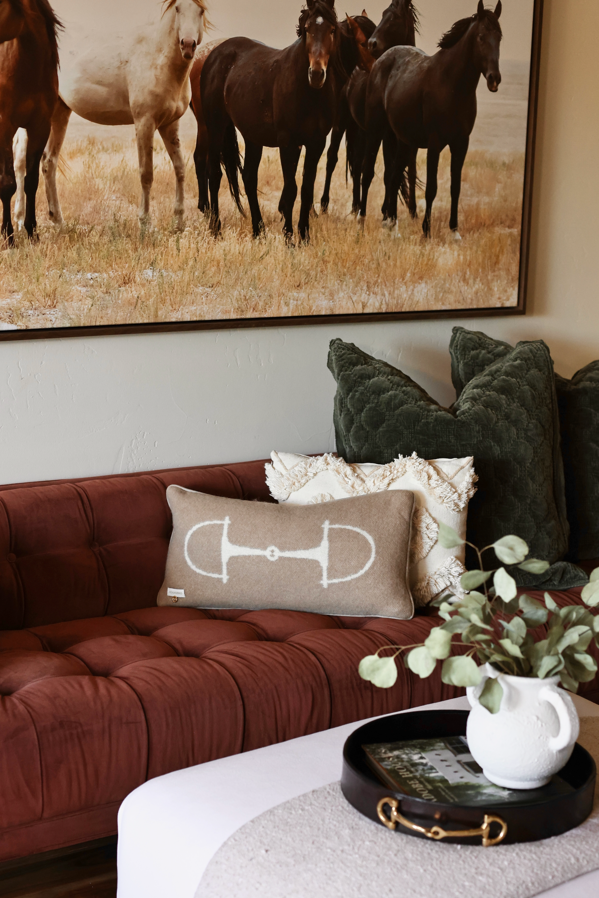 adamsbro stylish equestrian equine wool lumbar horse bit pillow Equine Lumbar Wool Pillow in Spice featuring a rich wool fabric with an elegant horse bit design, faux suede piping, and hidden zipper. A luxurious equestrian-inspired accent pillow perfect for home décor or bedding.