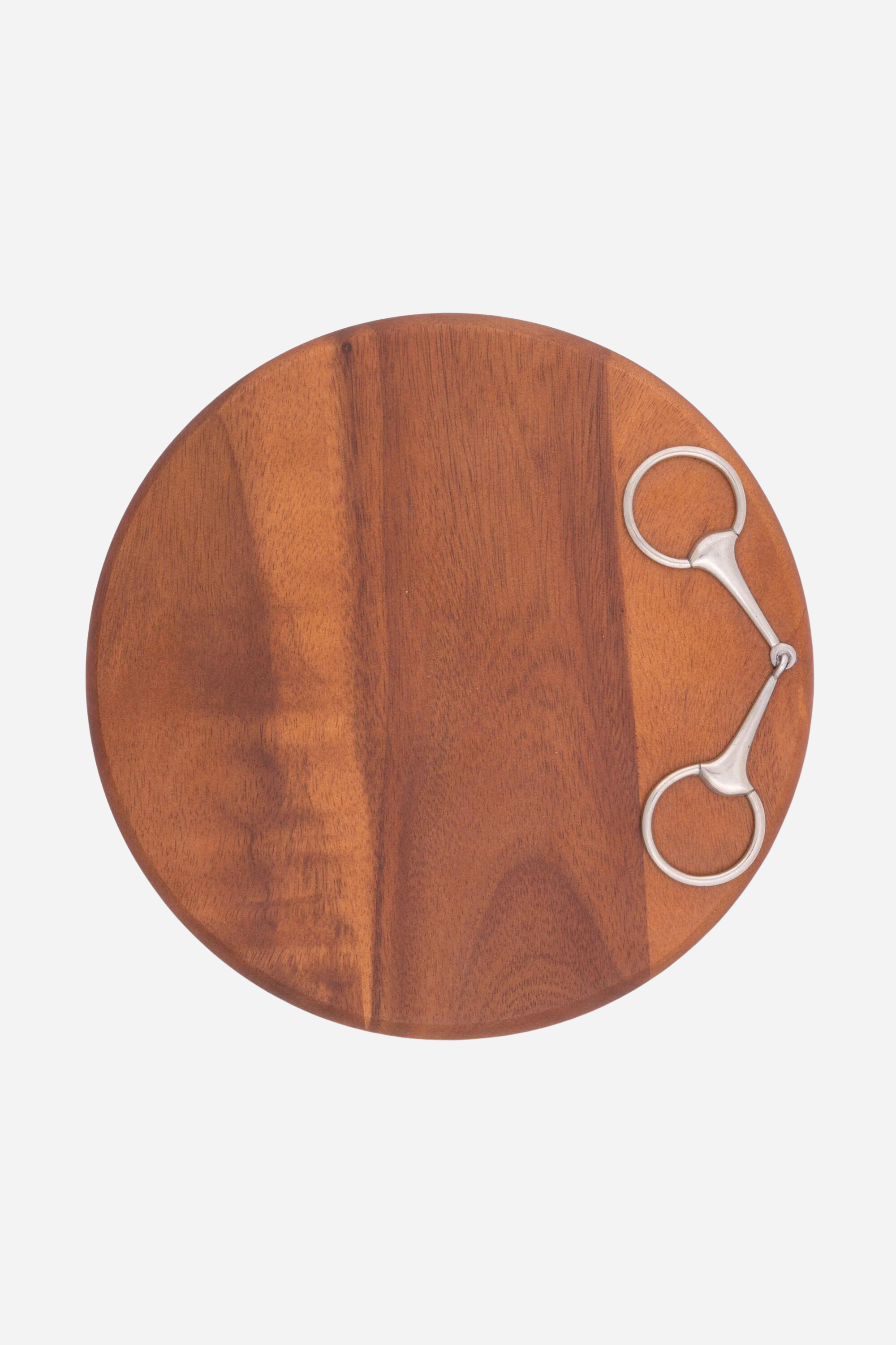 arthur court stylish equestrian henry wooden serving board horse bit Henry Bit Serving Board by Arthur Court featuring a round 10-inch acacia wood board accented with a pewter horse bit detail. A refined equestrian-inspired serving piece perfect for charcuterie, entertaining, or gifting.