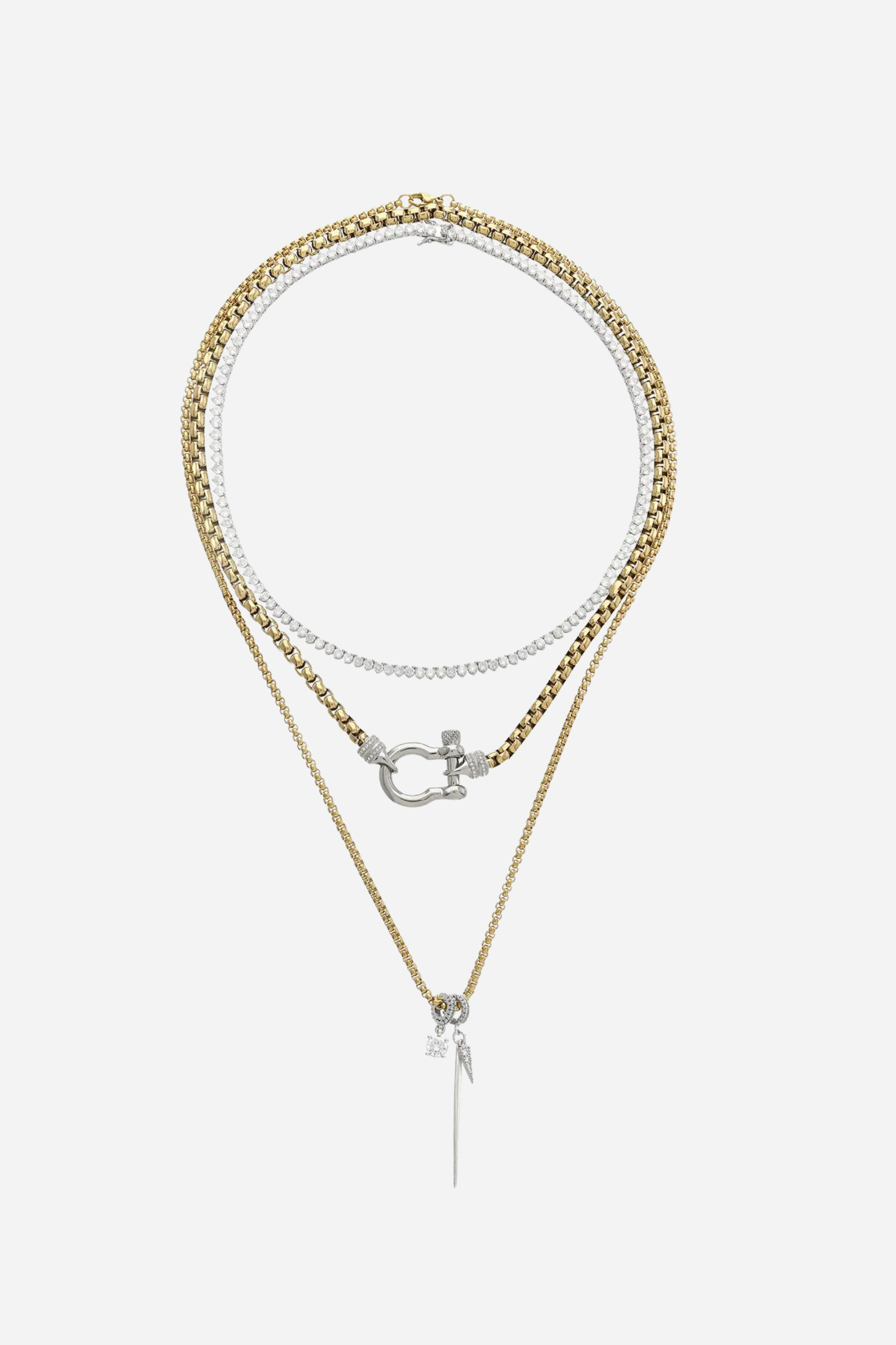 Artizan Jewelry Herradura Tennis Layered Necklace Set | Upscale equestrian layered necklace set with horseshoe-inspired chains and a CZ tennis necklace, including three separate chains.