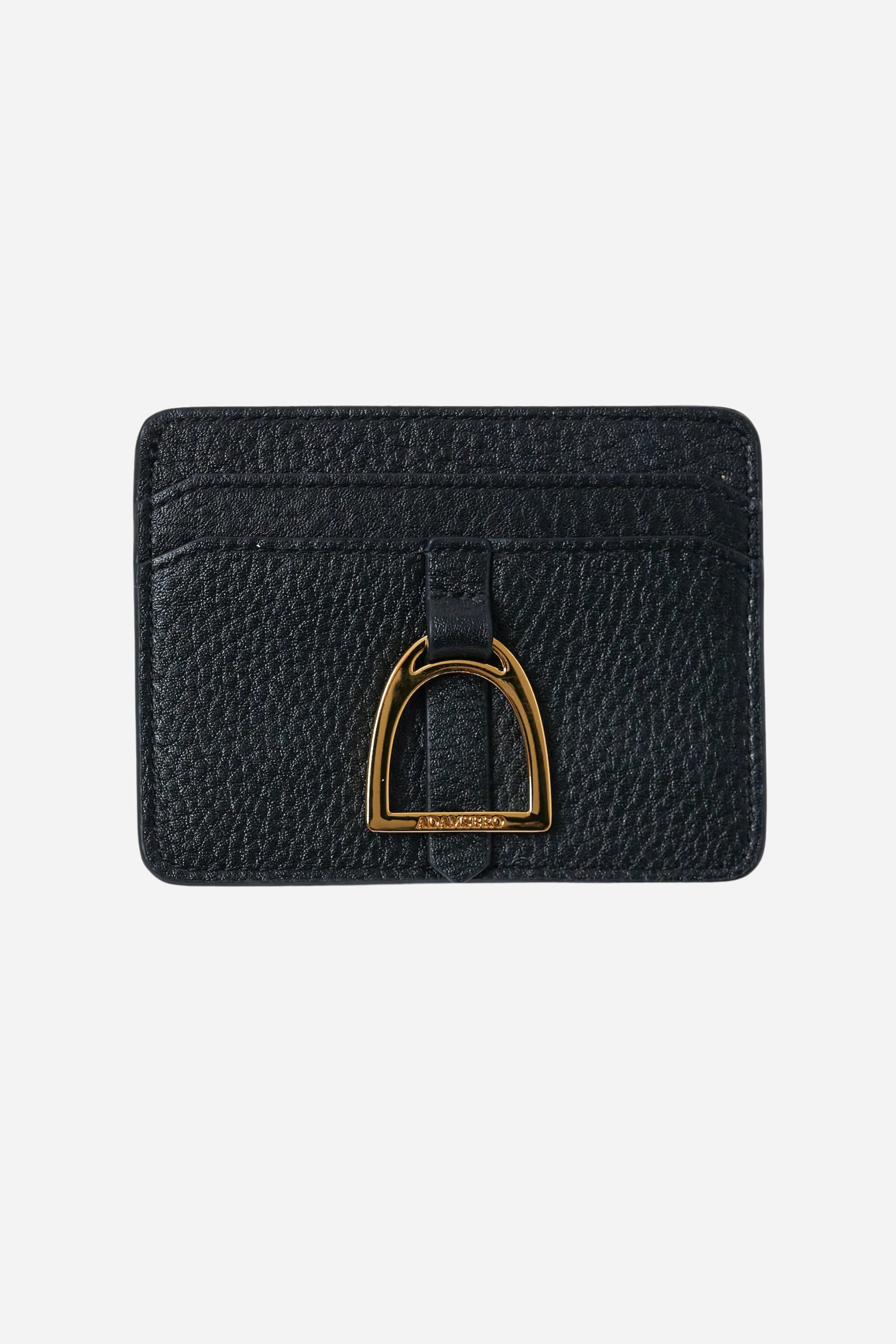 adamsbro stylish equestrian jade black leather cardholder with gold stirrup detail