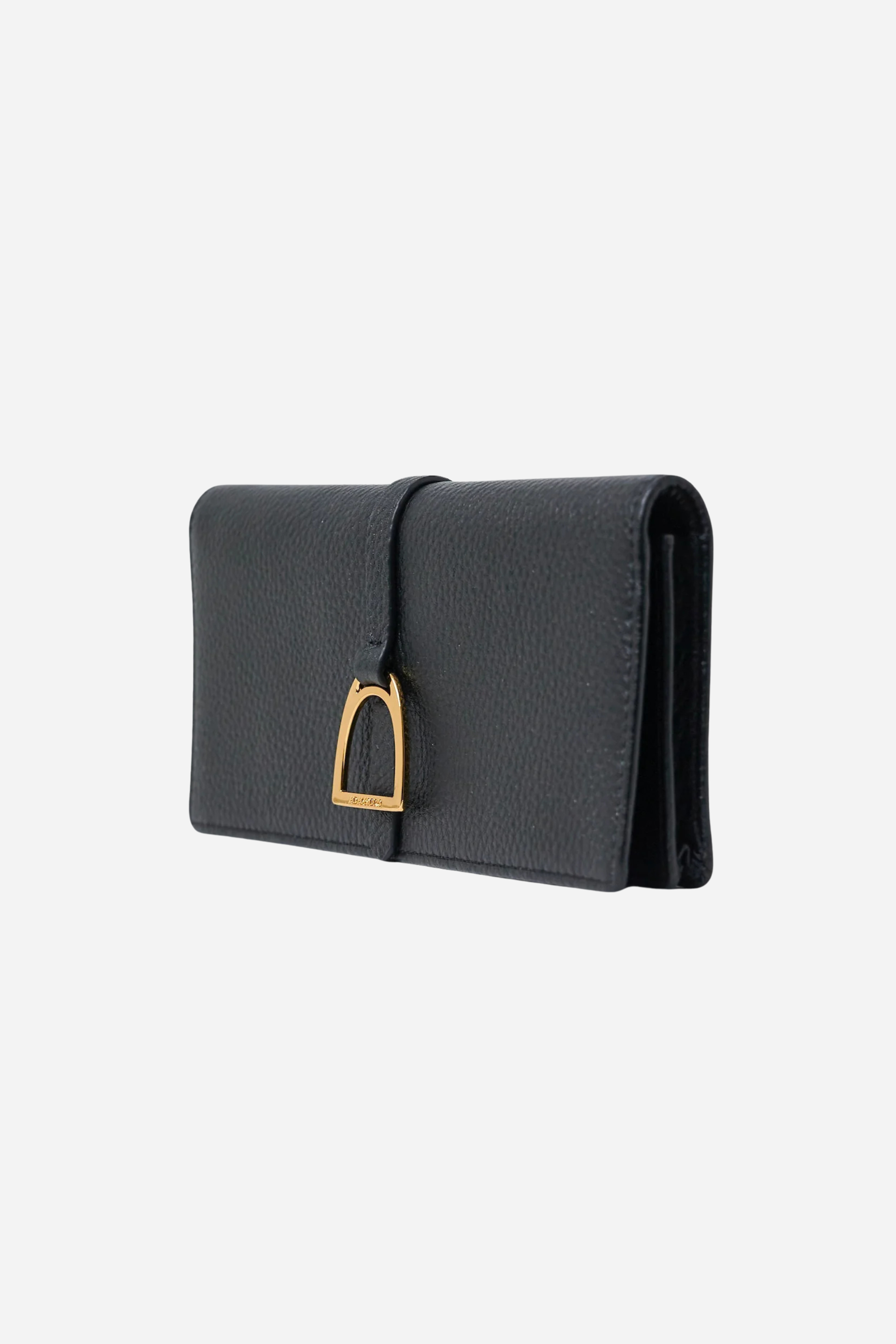 adamsbro stylish equestrian black leather wallet with gold stirrup detail