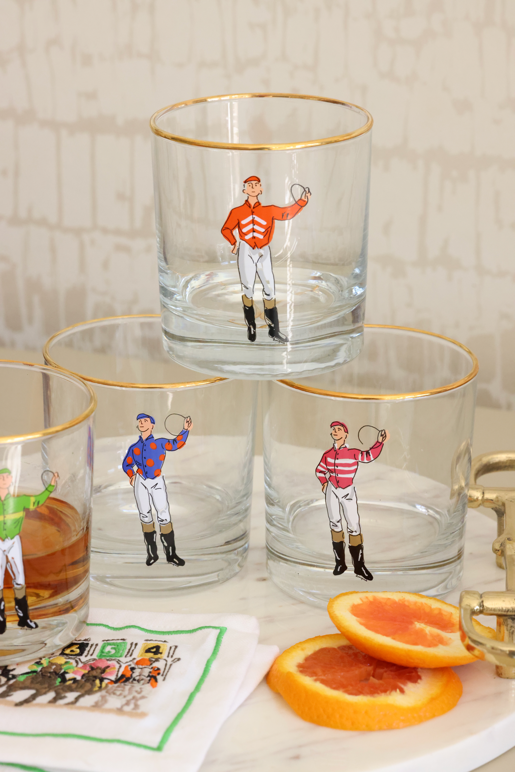 pomegranate stylish equestrian jockey short drinking glass set