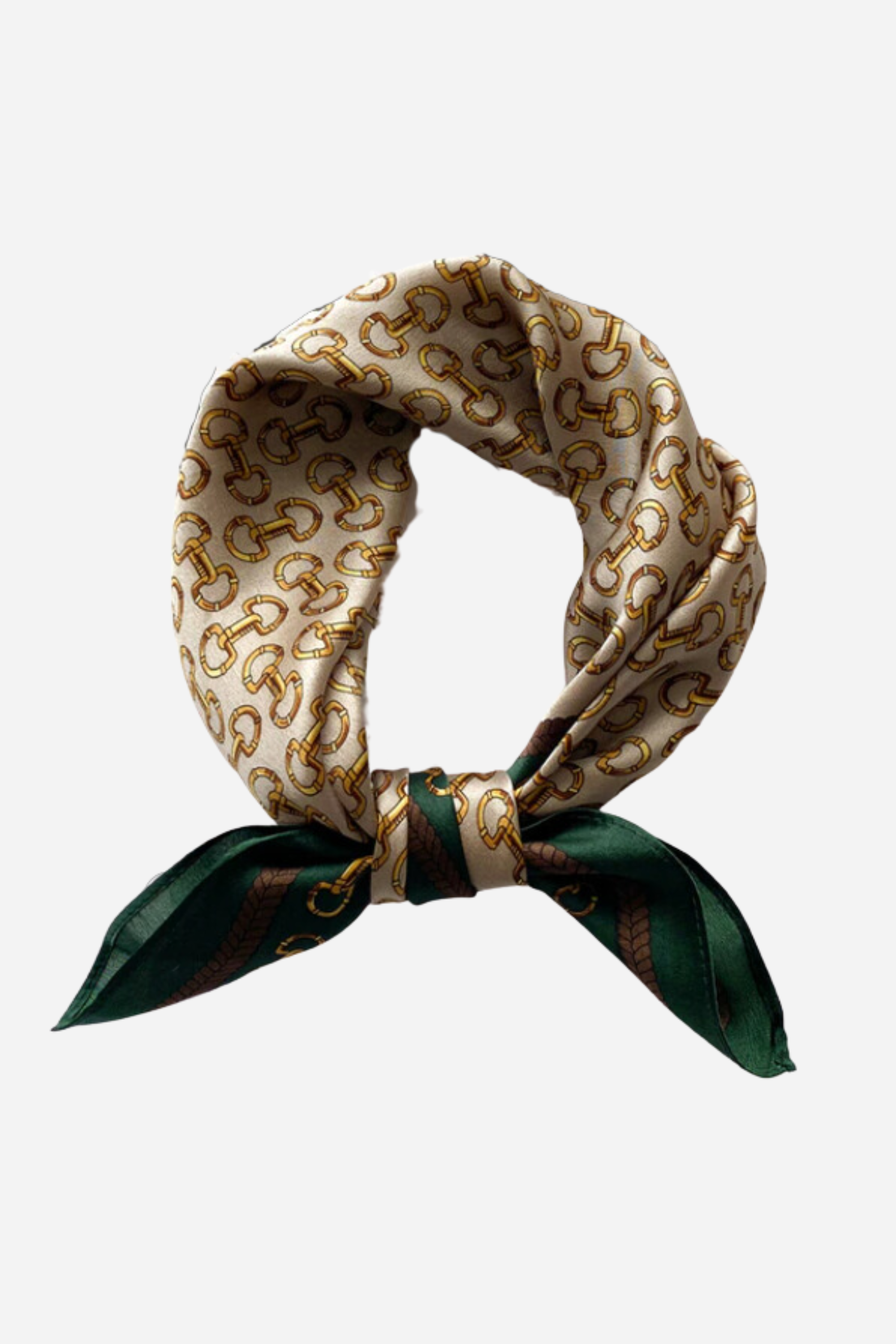 stylish equestrian jolie horse bit print scarf | Equestrian-inspired square scarf with a whimsical horse bit pattern, lightweight with a silk-like feel.