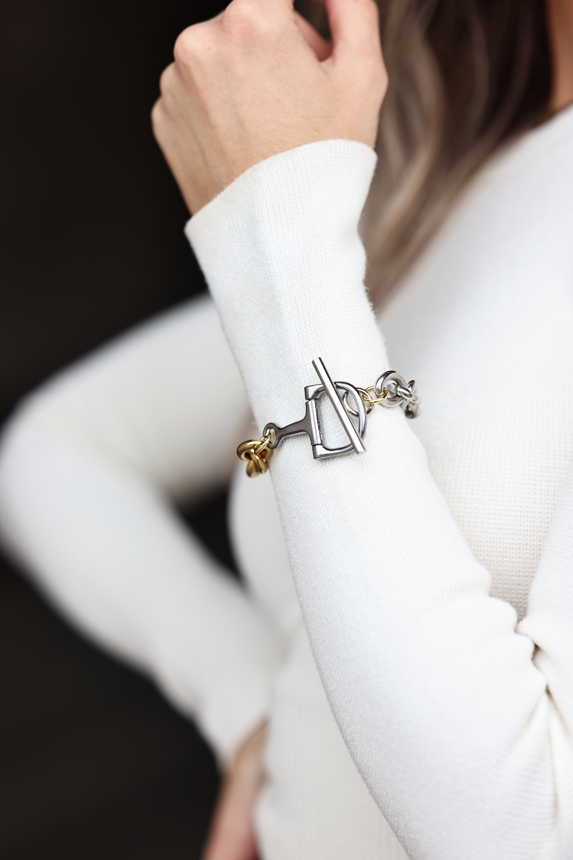 atelier cg stylish equestrian kingston d-ring chain bracelet | Handcrafted stainless steel equestrian bit bracelet featuring a mixed metal design with D-ring and toggle closure.