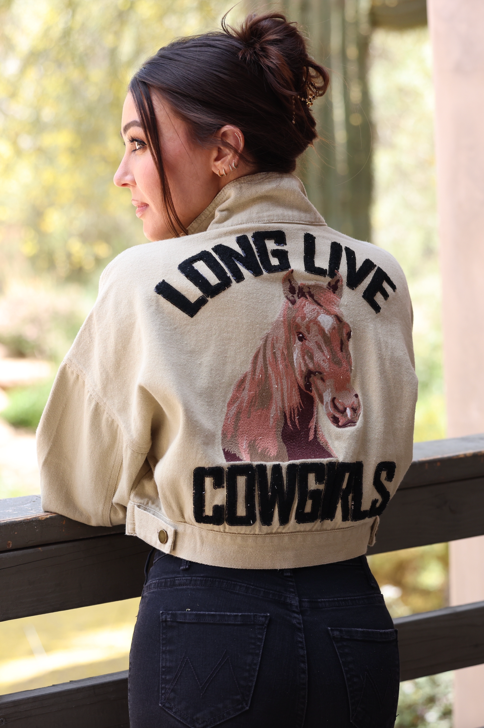 cropped olive tone denim long live cowgirls jacket with an image of a horse on the back and black letters - horse girl apparel, casual western riding apparel, horse head embroidery, cowgirl, equestrian inspired clothing, cowgirl jacket