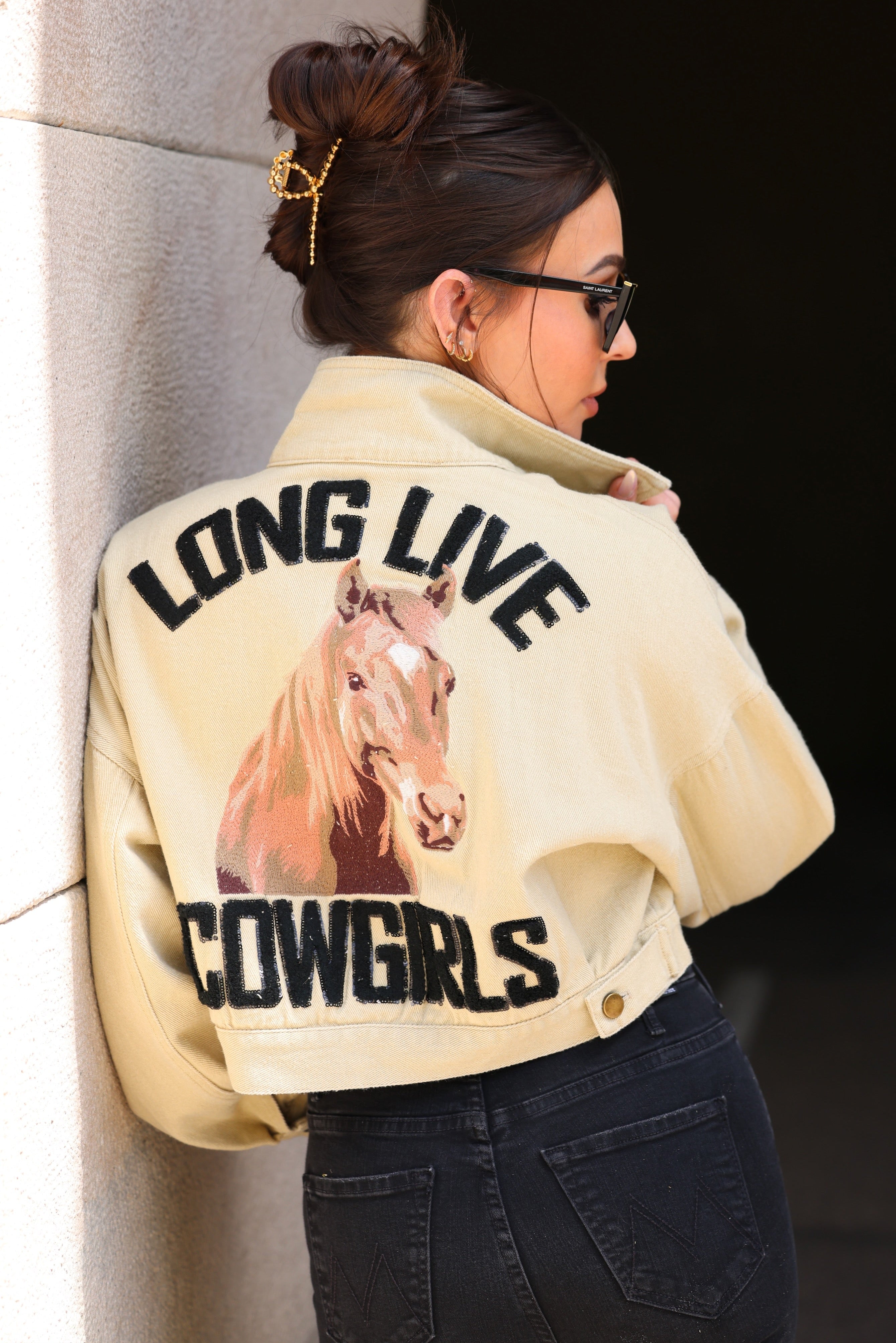 blue b stylish equestrian long live cowgirls embroidered horse cropped jacket- horse girl apparel, casual western riding apparel, horse head embroidery, cowgirl, equestrian inspired clothing, cowgirl jacket