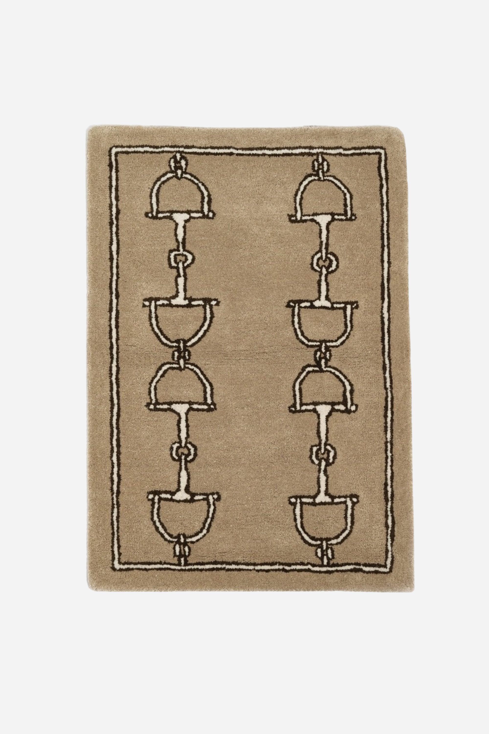 Tan rug featuring a pattern of dark brown horse bits aligned vertically in two columns with a matching dark brown border. Simple and elegant design. equestrian inspired snaffle bit print rug horse themed home decor