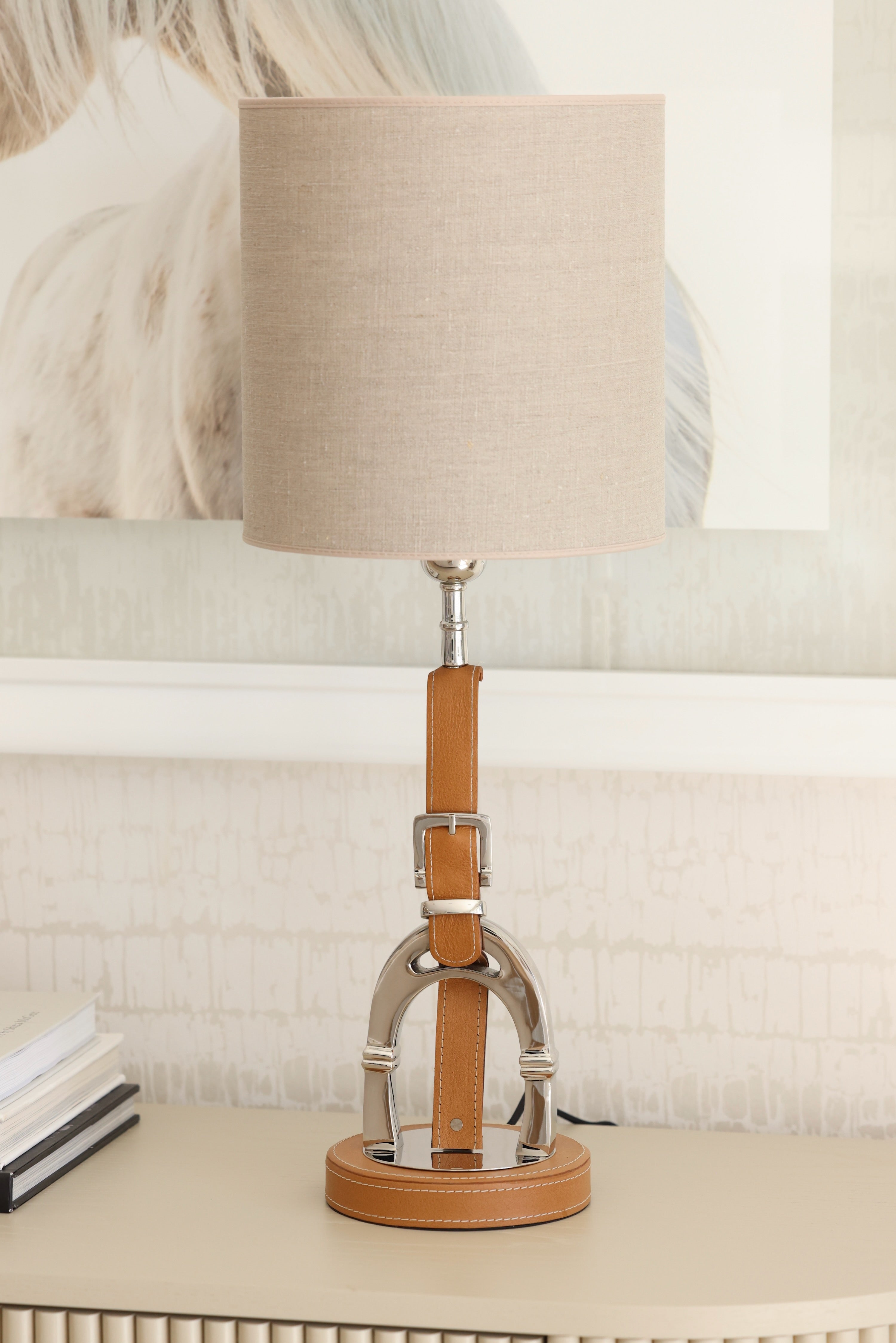 adamsbro stylish equestrian stirrup leather lamp stand cognac