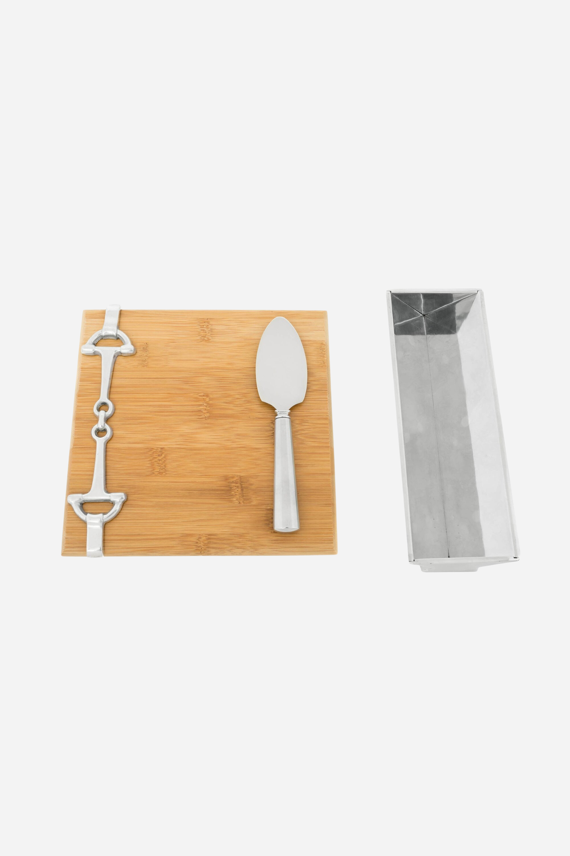 arthur court stylish equestrian well served cheese board snaffle set Well Served Set by Arthur Court featuring a bamboo serving board with a silver alloy horse bit accent, paired with a matching aluminum cheese knife and cracker tray. Elegant equestrian-themed serveware perfect for entertaining or gifting.