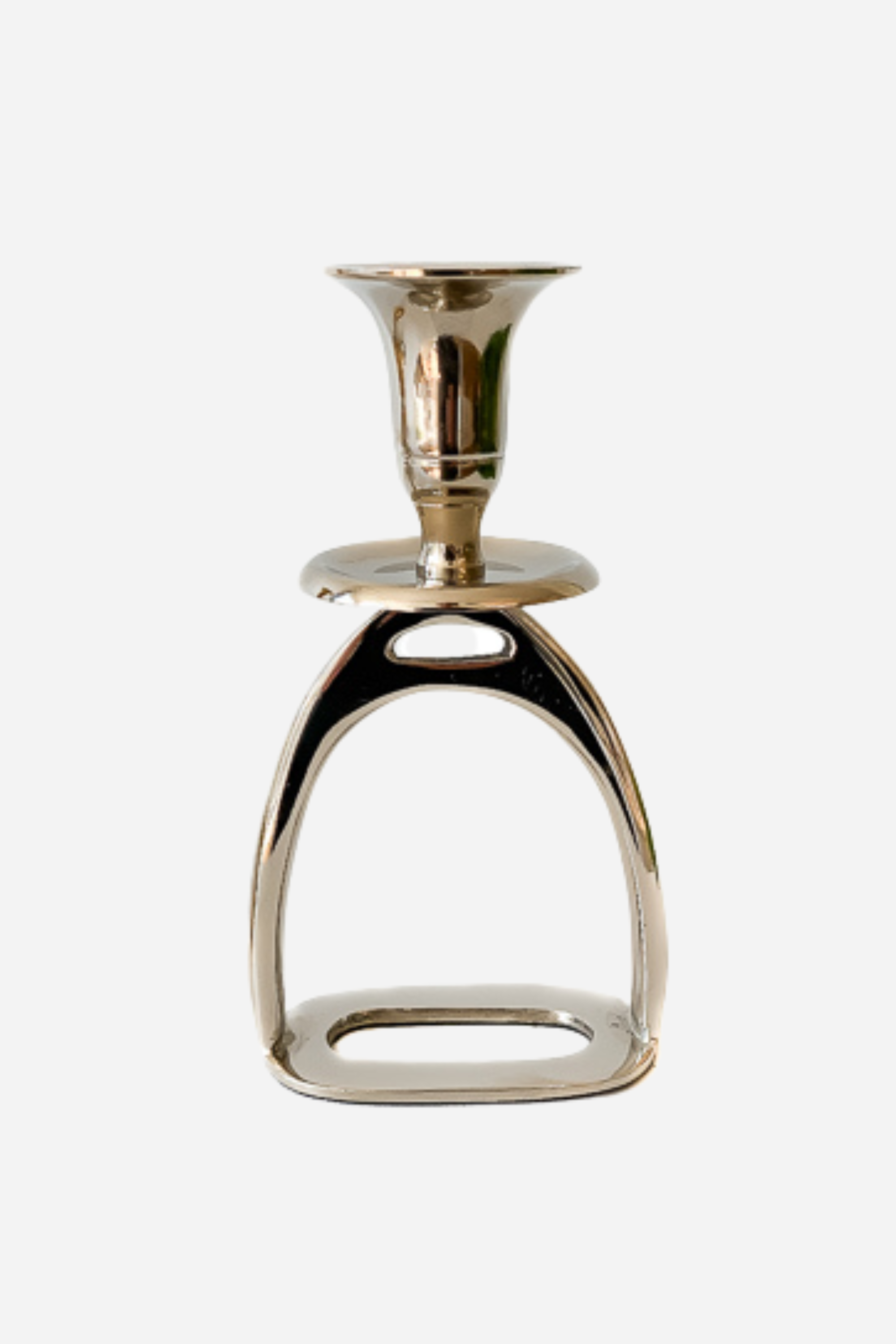 thg stylish equestrian brass stirrup candle stick holder set Silver Stirrup Candle Holder featuring a polished equestrian stirrup design that holds tapered candles. Available in small (6") and large (10") sizes, this elegant home accent adds refined equestrian charm to any space.