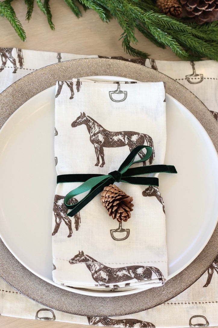 pomegranate stylish equestrian horse and snaffle linen napkin set