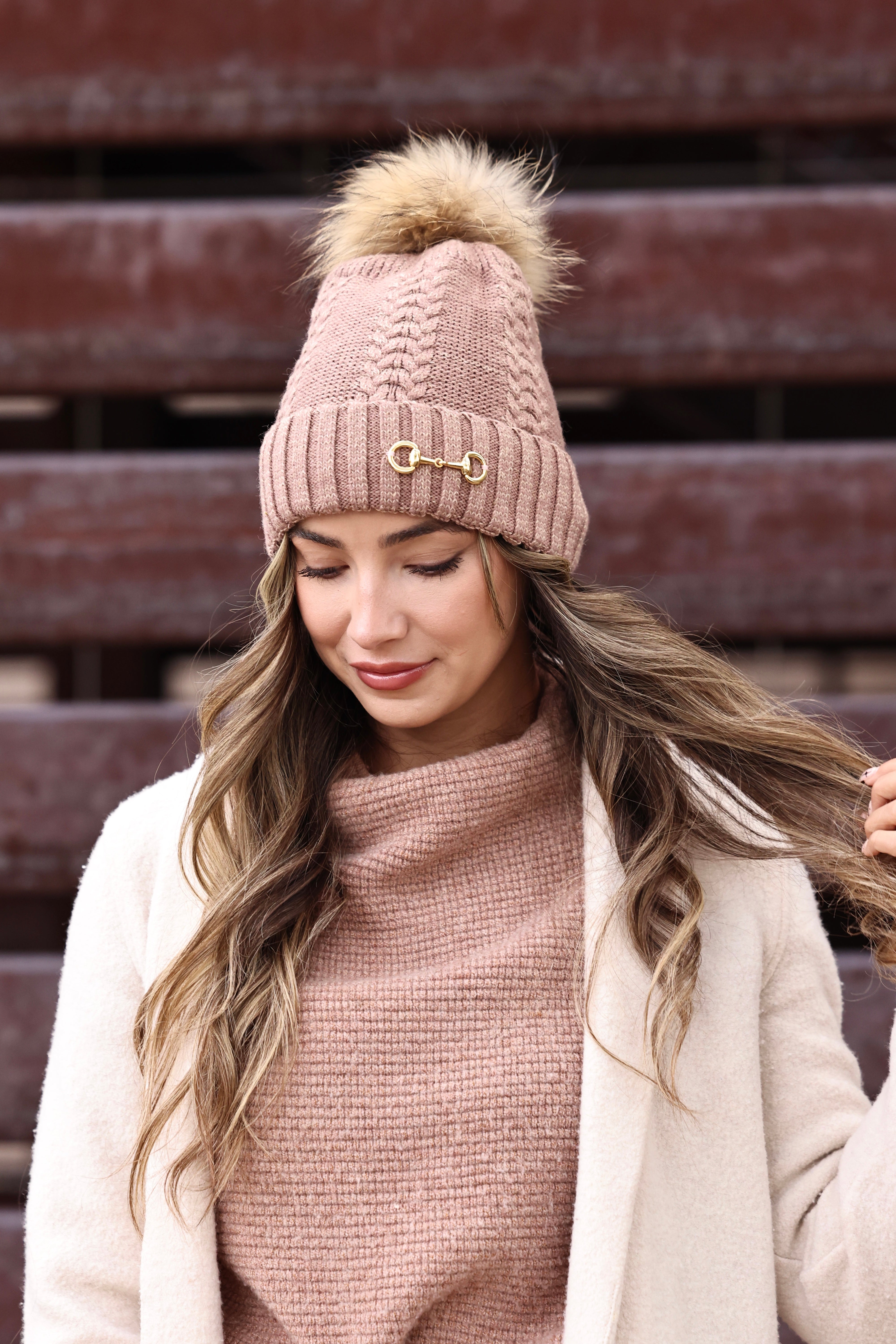 stylish equestrian evie pom knit beanie heather taupe