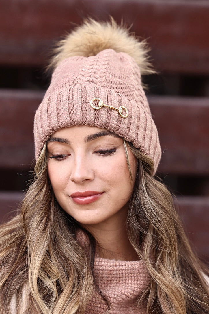 stylish equestrian evie pom knit beanie heather taupe