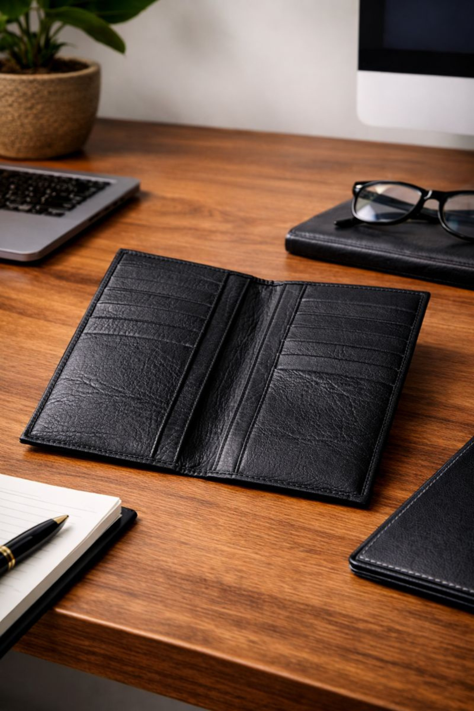 Compact textured leather wallet featuring gold metal hardware, multiple card slots, bill pockets