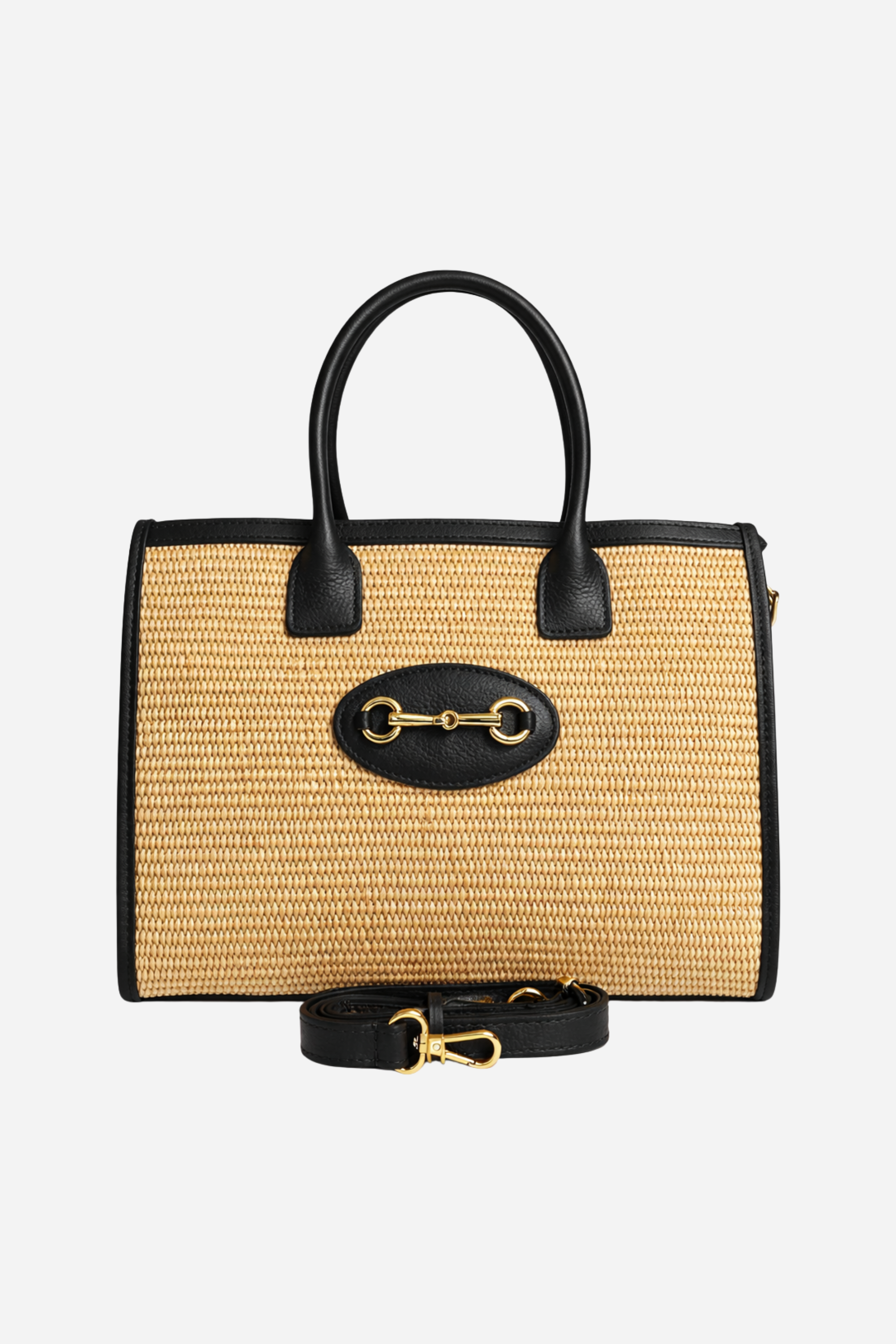 Raffia and leather horsebit shopper tote with adjustable shoulder strap and zip closure, equestrian-inspired everyday handbag.