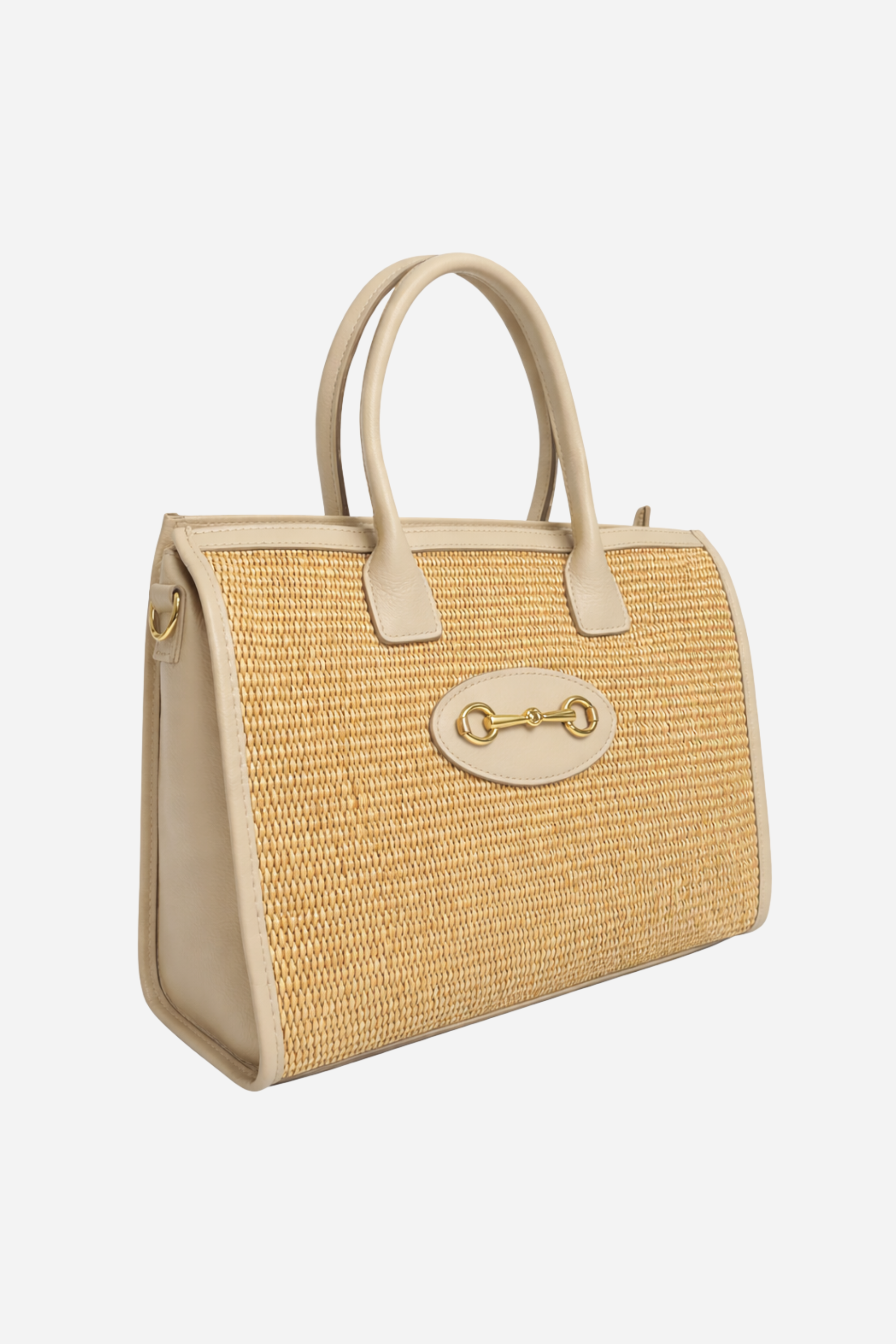 Raffia and leather horsebit shopper tote with adjustable shoulder strap and zip closure, equestrian-inspired everyday handbag.