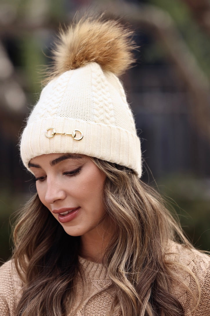 stylish equestrian evie pom knit beanie buttercream