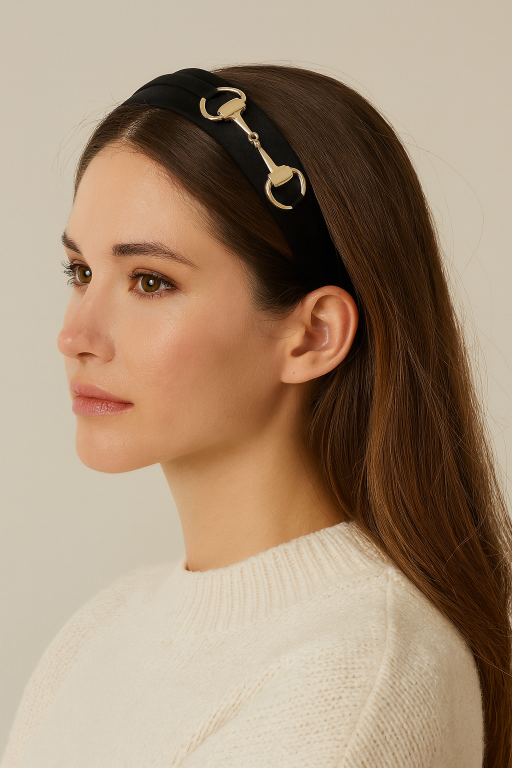 Elegant black silk charmeuse headband adorned with a gleaming gold snaffle bit detail. A timeless, equestrian-inspired accessory designed for comfort and all-day wear.