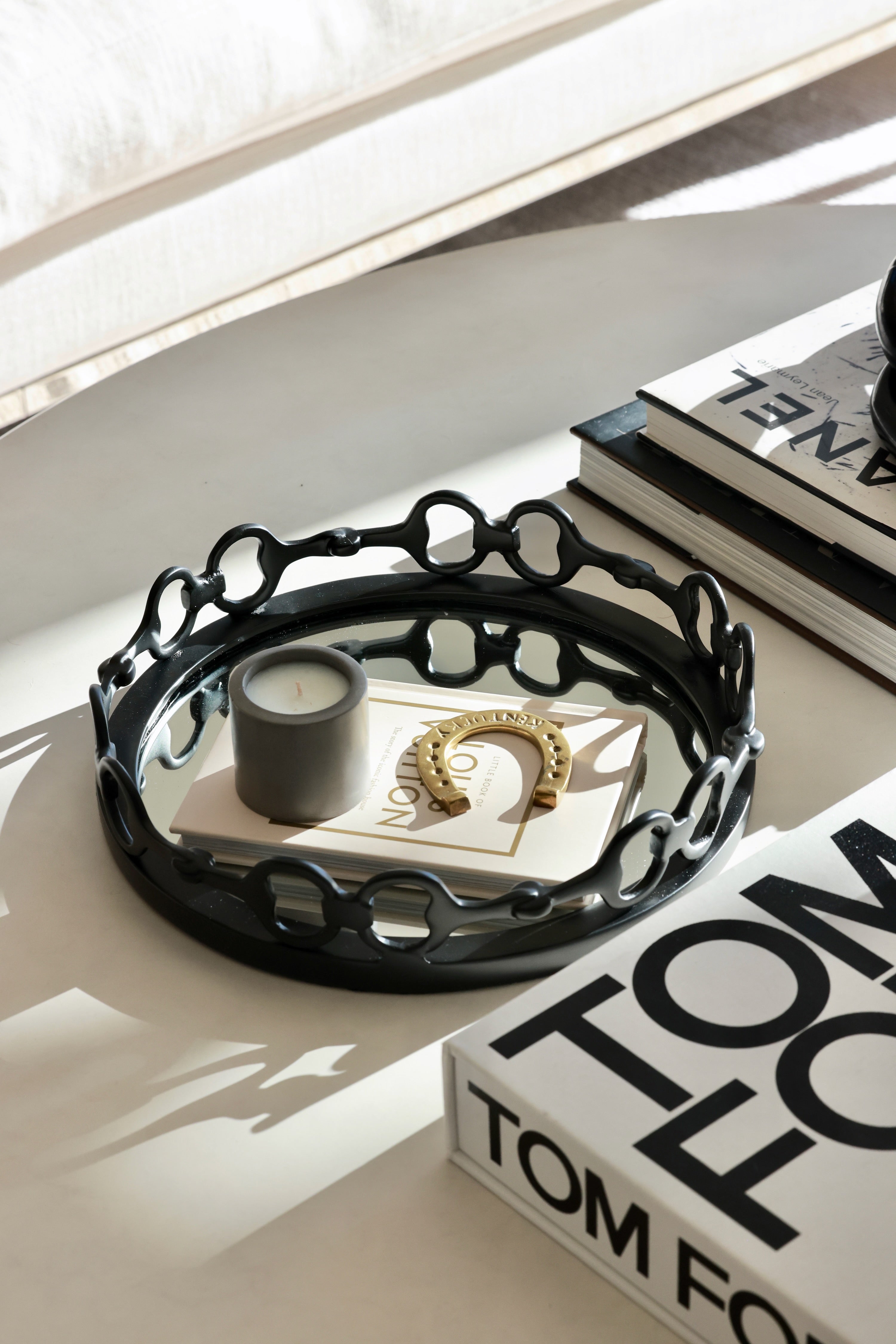 design impex stylish equestrian small black round mirror tray d-ring bit