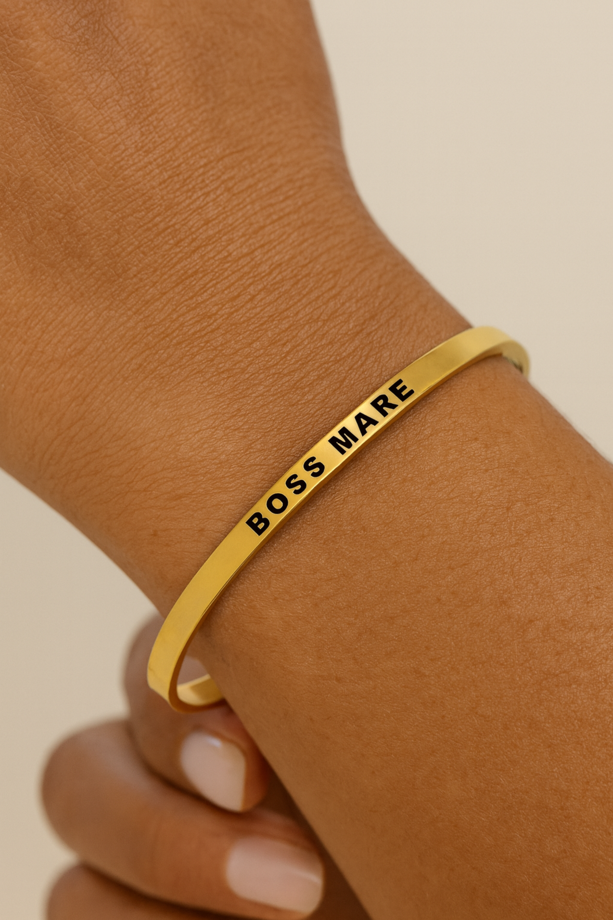 Boss Mare Bangle available in gold and silver stainless steel. 18k gold-dipped, adjustable, tarnish-resistant bracelet for equestrian enthusiasts. Empowering jewelry for confident women — Buy 2, Get 1 Free.