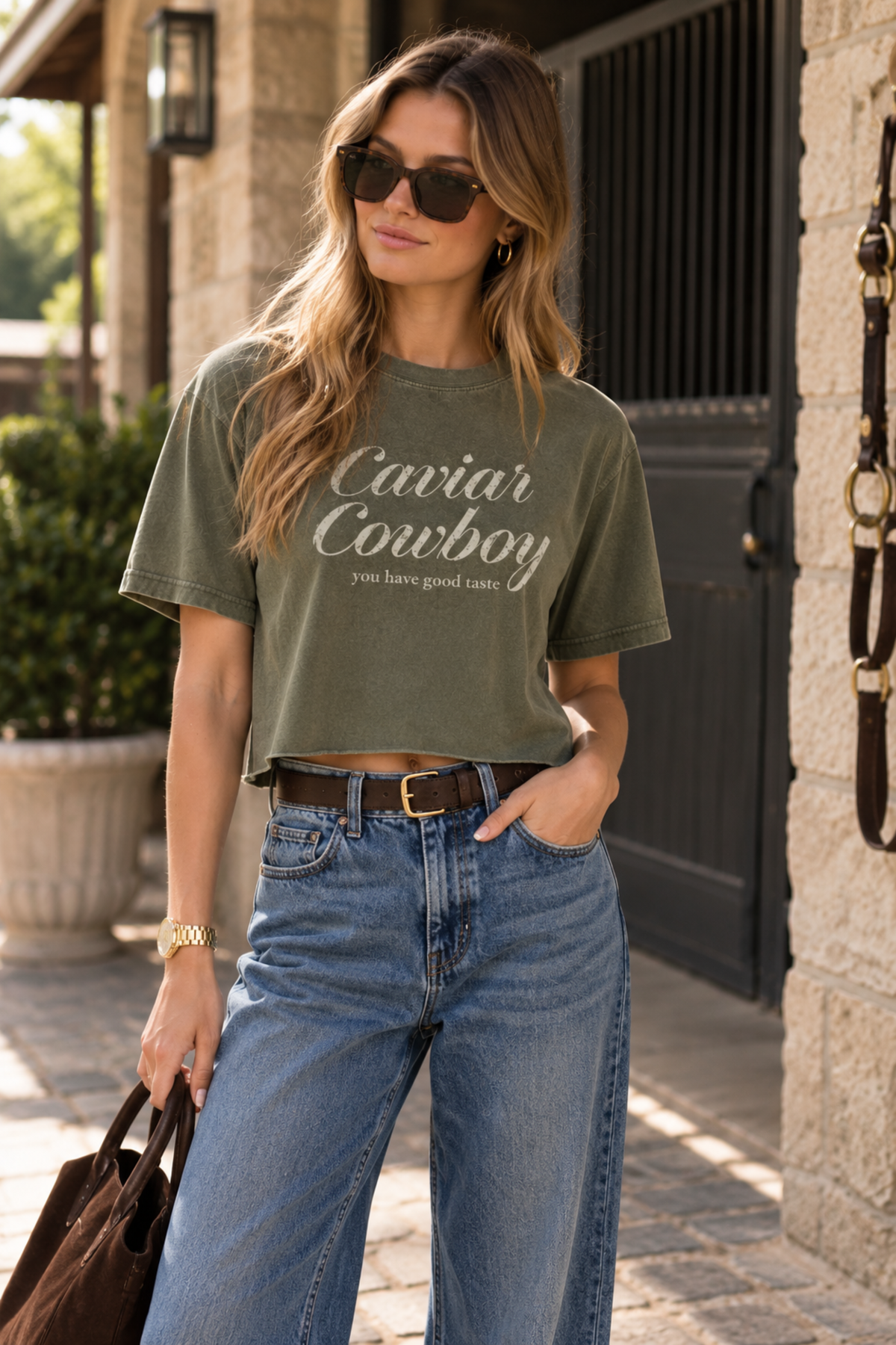 Caviar Cowboy Cropped Vintage Tee - Olive