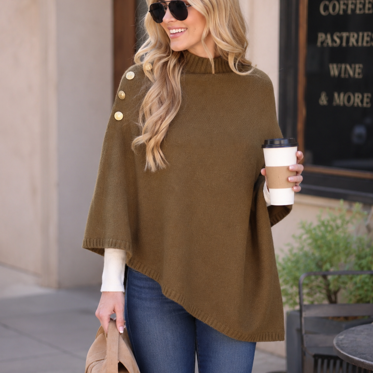 Cecily Cashmere Poncho - Olive