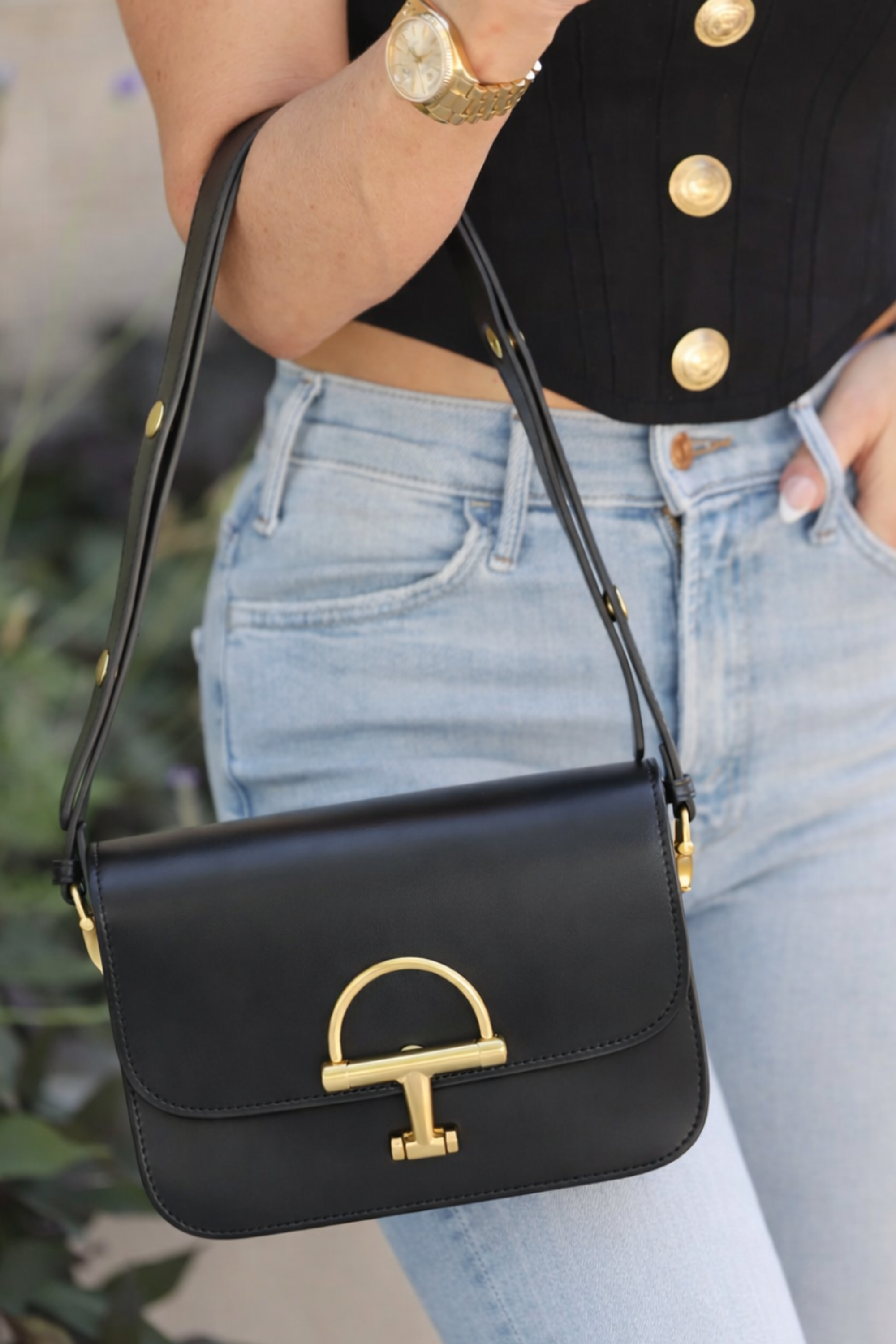 Chloe Horse Bit Shoulder Bag - Black