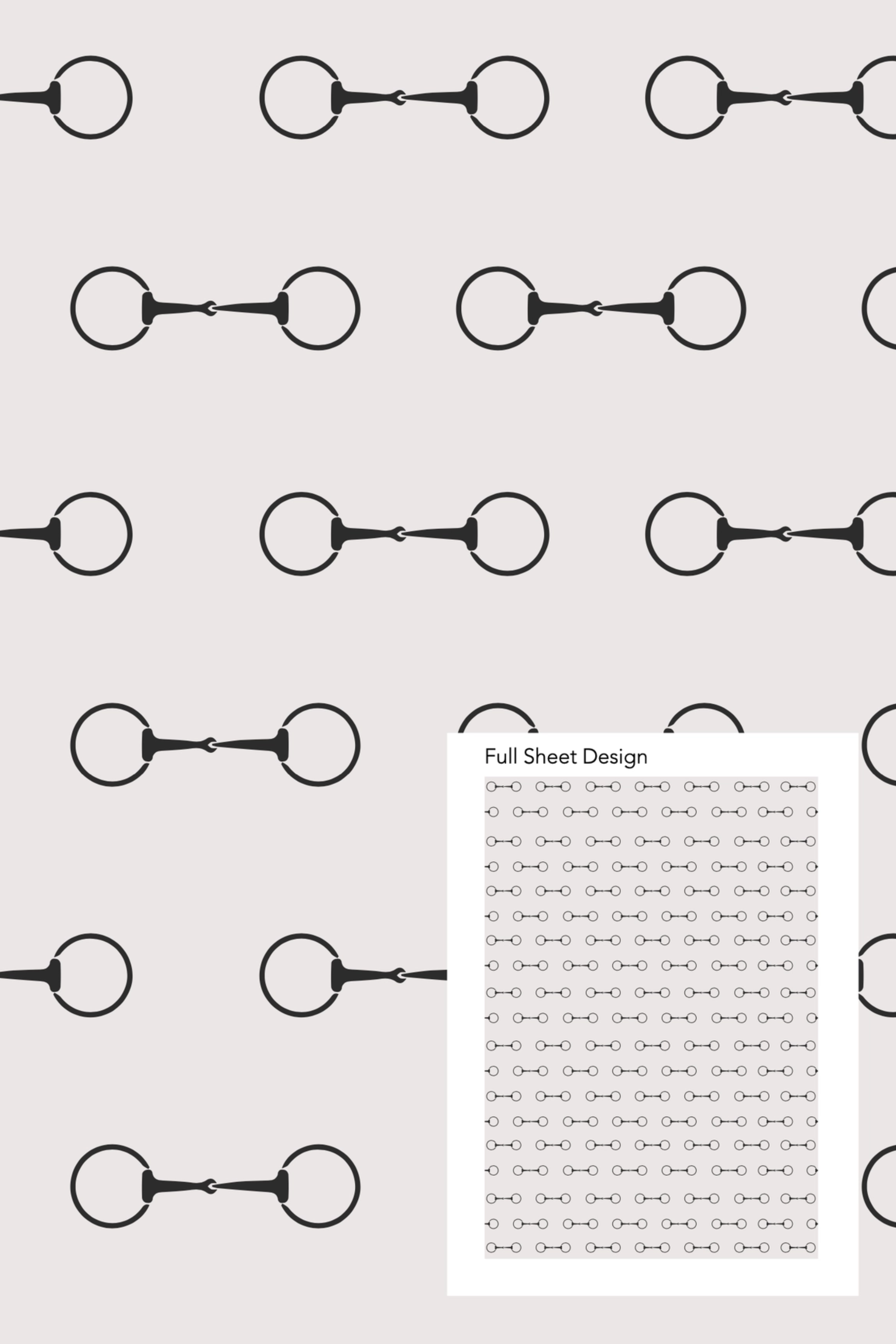 Elegant equestrian gift wrapping paper set featuring a repeating black horse bit pattern on premium textured white paper. Luxury horse-themed gift wrap sheets made in the USA—perfect for horse lovers, equestrian gifts, and stylish holiday packaging.