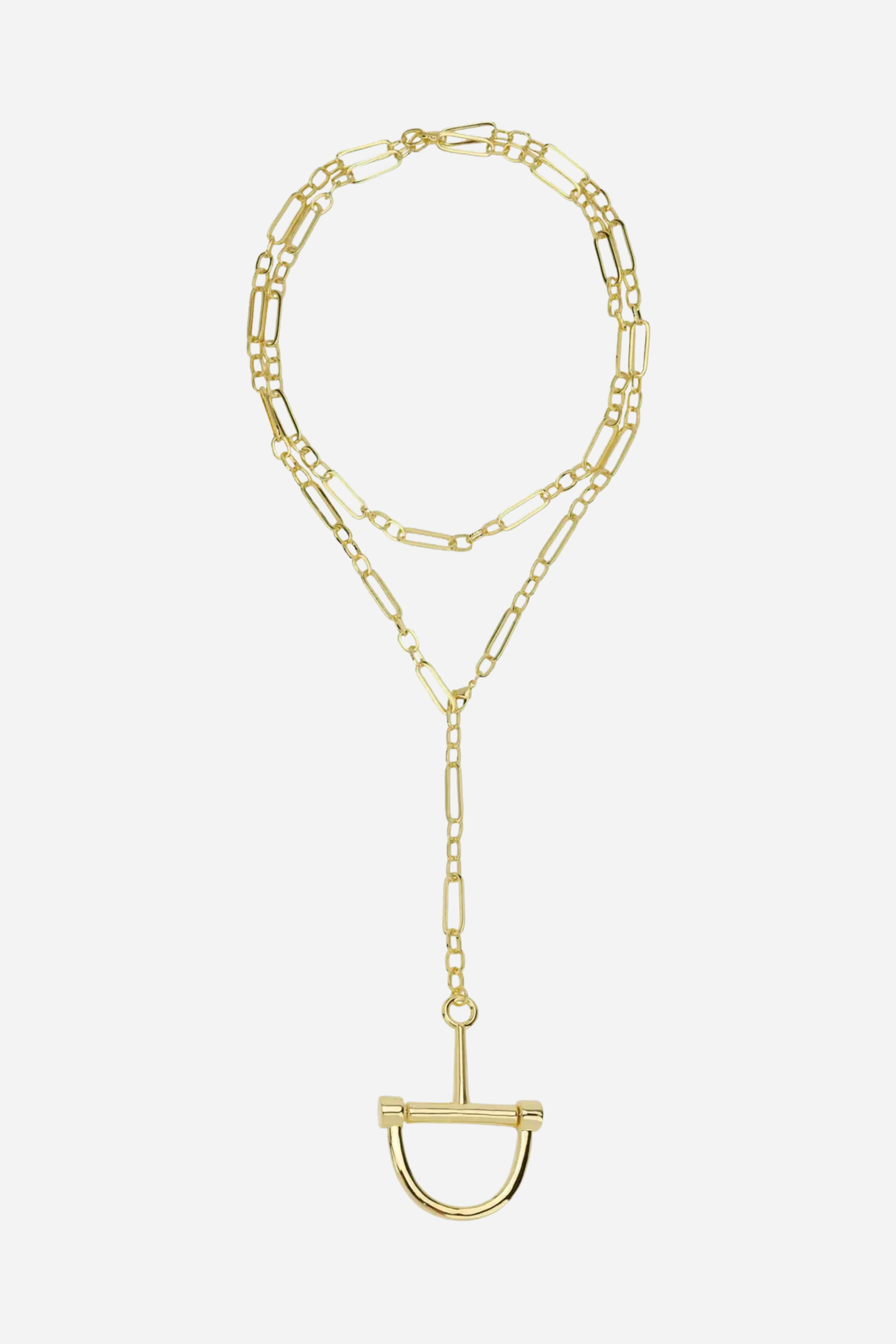 18k gold-plated D-ring lariat chain designed as a versatile necklace or chain belt with adjustable paper-clip links.