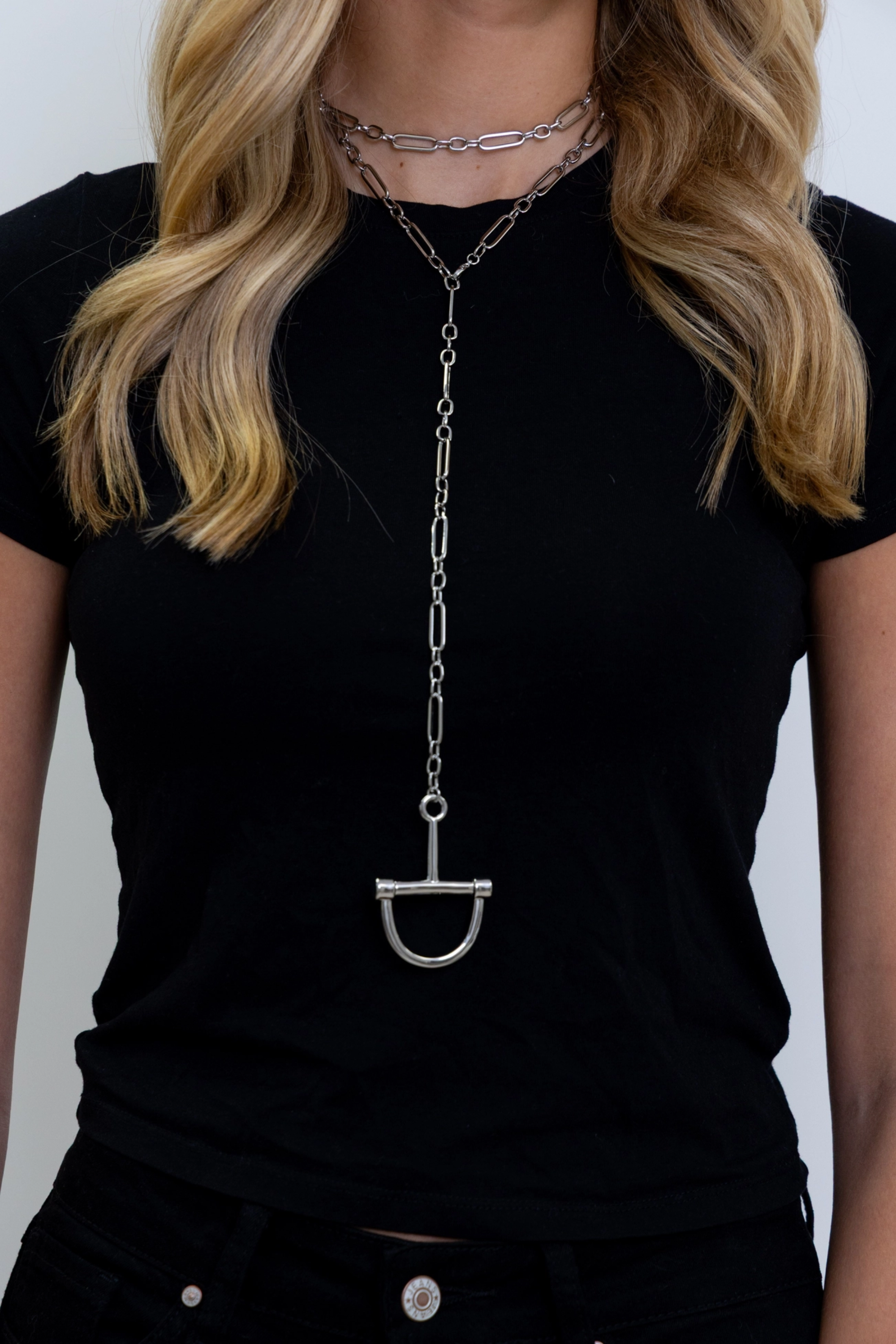 D-Ring Lariat Chain Necklace - Silver