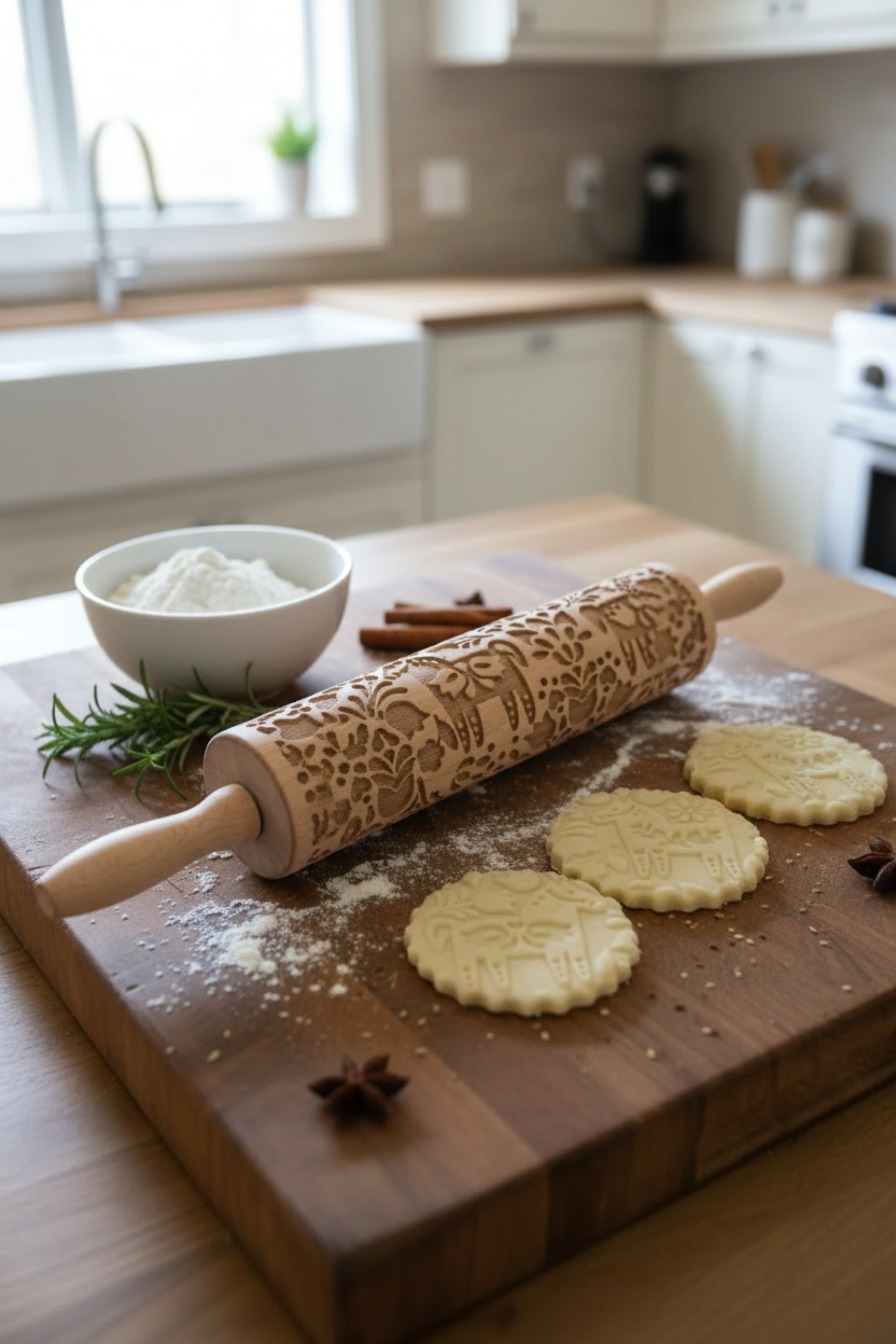 A Dala Horse Embossed Rolling Pin with an intricate floral pattern carved into its surface, designed for imprinting elegant Swedish-inspired motifs onto cookie dough, fondant, or craft materials. The rolling pin rests on a light wooden surface beside freshly embossed cookies and baking ingredients, showcasing its detailed craftsmanship and versatility for baking and crafting projects.