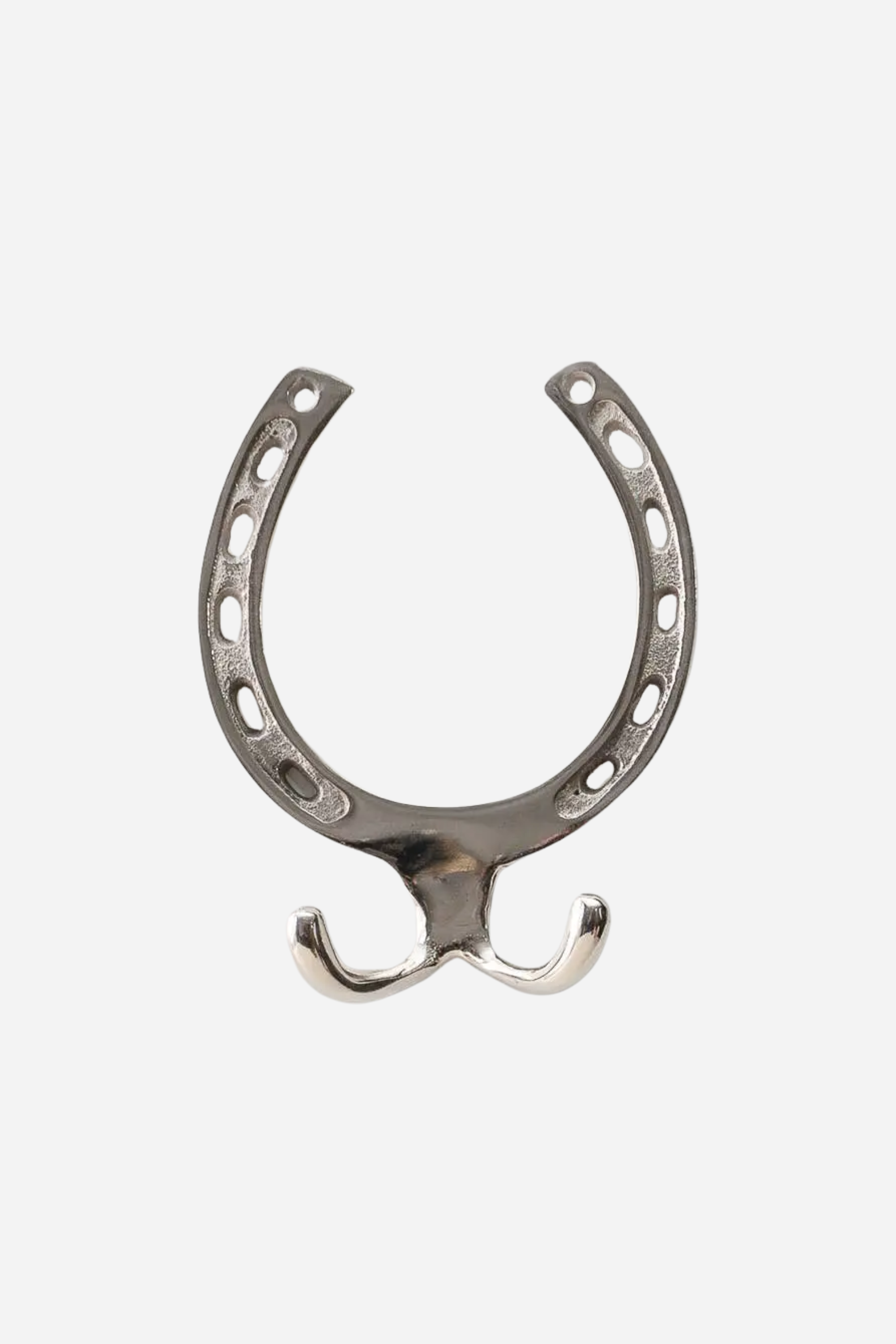 Double Horseshoe Hook made of silver-finished aluminum, featuring an imitation horseshoe shape with two hooks and included mounting hardware
