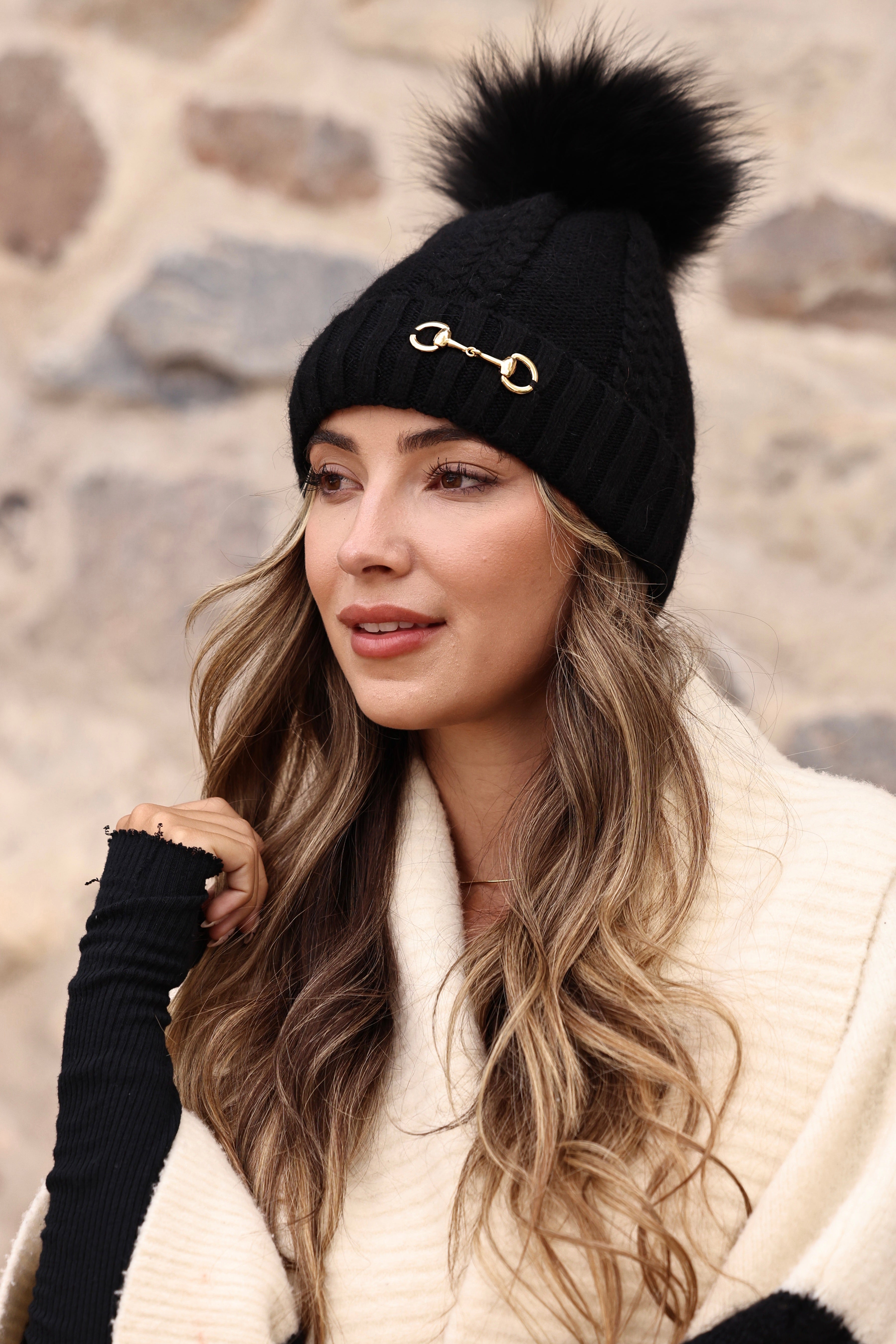 stylish equestrian evie pom knit beanie black