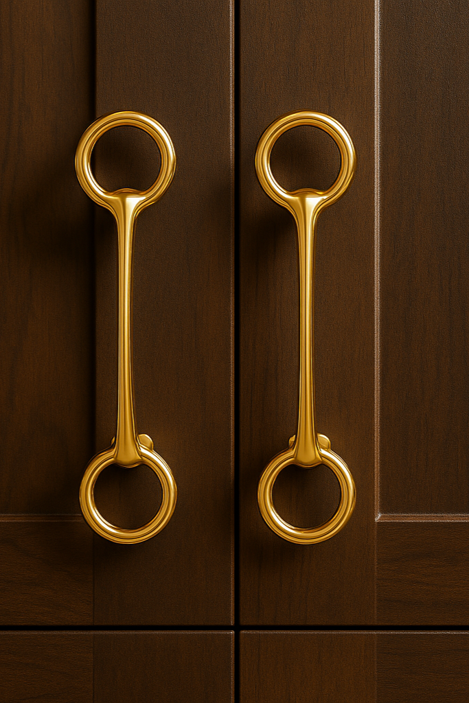 Gold cabinet handles on a wooden door - equestrian home decor and interior design, horse themed hardware, snaffle bit drawer handle, equestrian home interiors | Transform your space with authentic equestrian style. Our Ella Snaffle Bit Pull Hardware features a detailed brass finish snaffle bit design, lacquer-protected for lasting beauty. Perfect for tack rooms, kitchens & more. Hardware included.