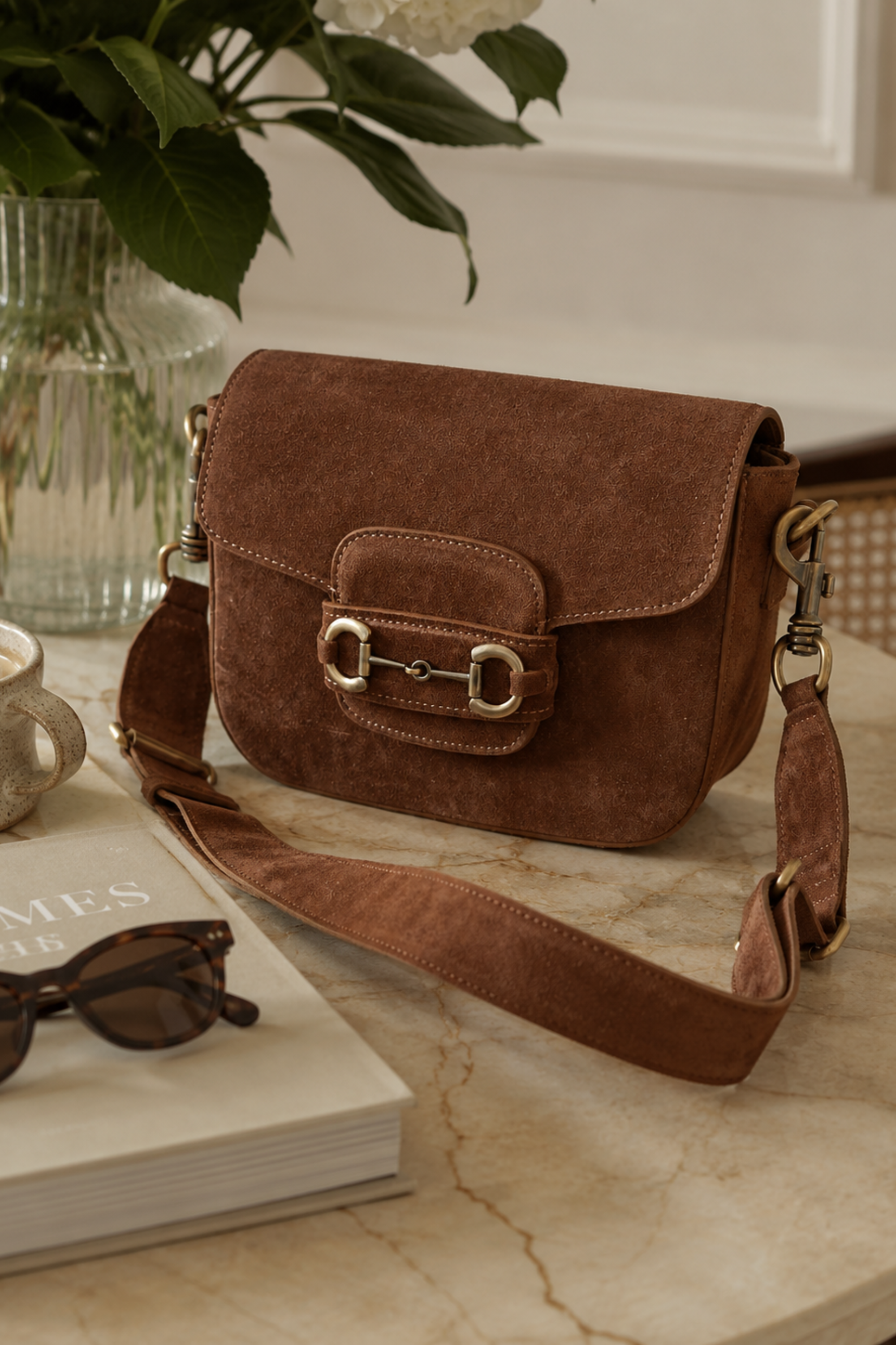 Emily Bit Suede Crossbody Bag - Cognac