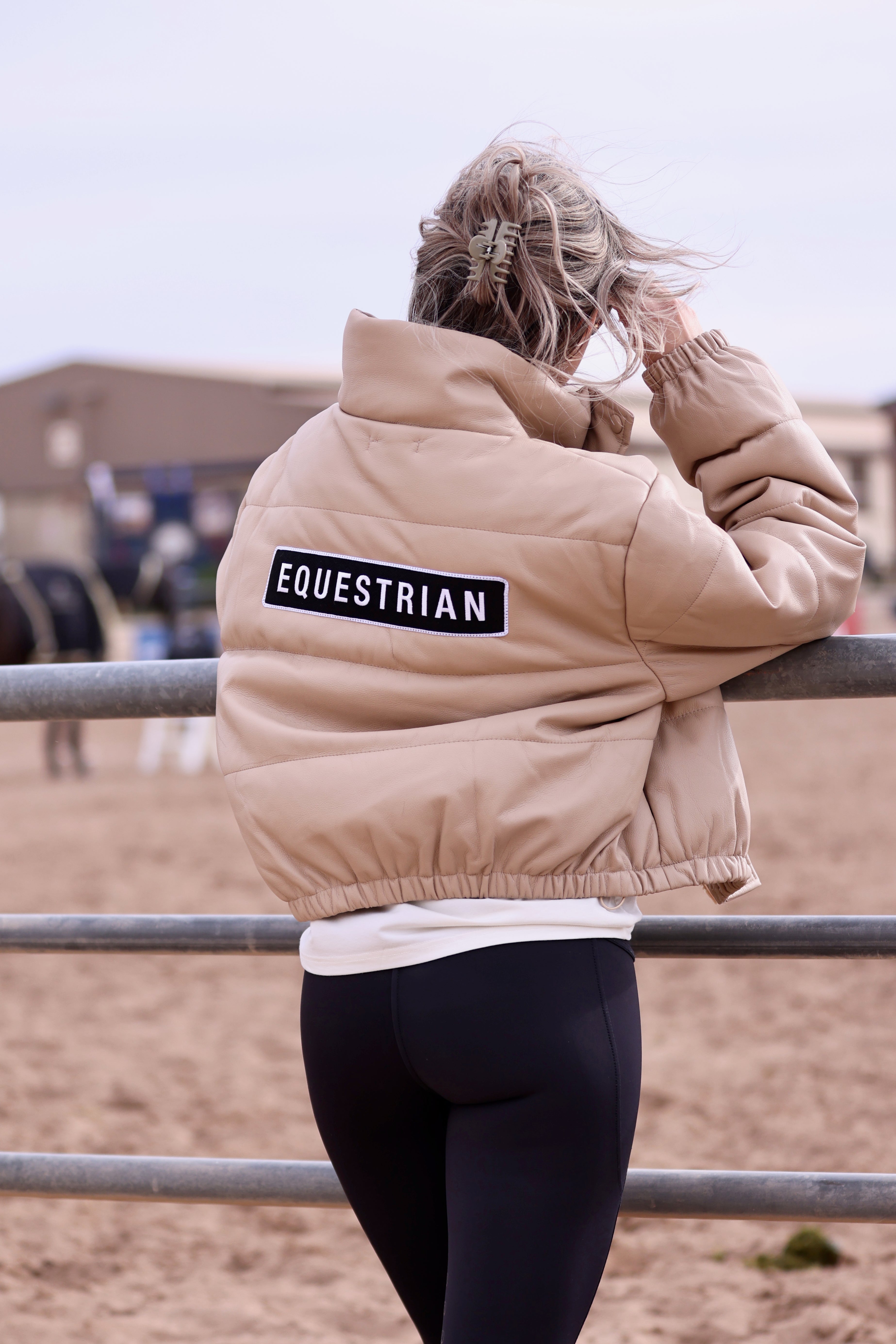 stylish equestrian vegan leather puffer jacket equestrian patch