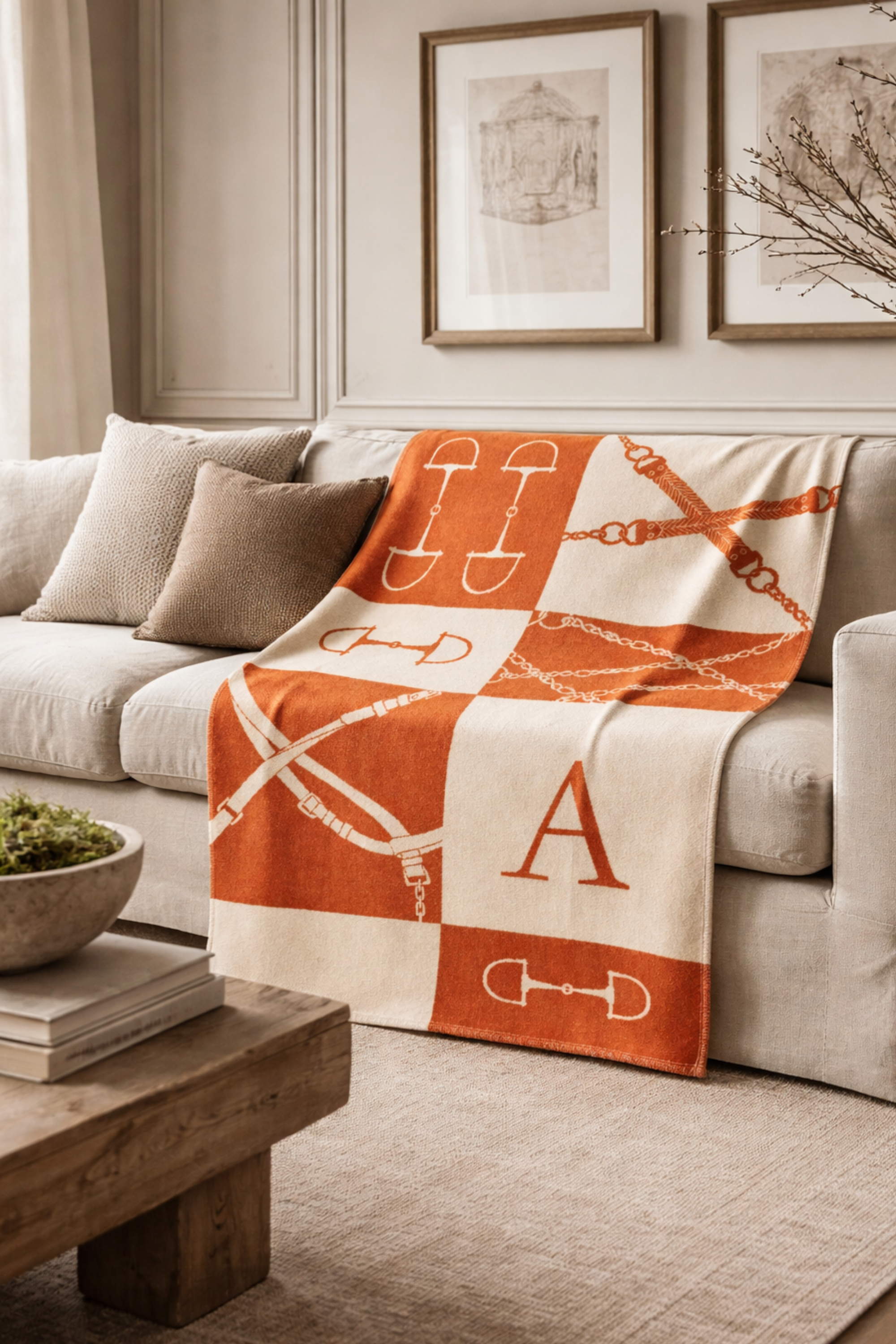 Tangelo equestrian wool throw blanket with horse motif and classic color palette for home decor. equestrian throw blanket, horse throw blanket, horse motif throw, equestrian blanket, horse themed blanket, equestrian home decor