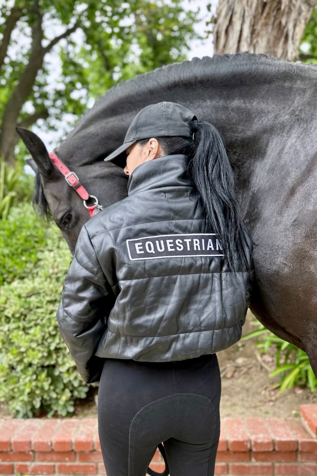 stylish equestrian vegan leather puffer jacket equestrian patch