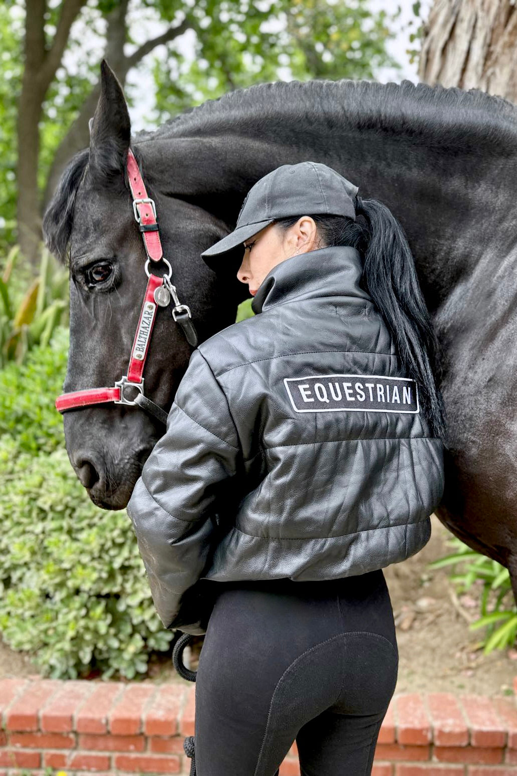 stylish equestrian vegan leather puffer jacket equestrian patch