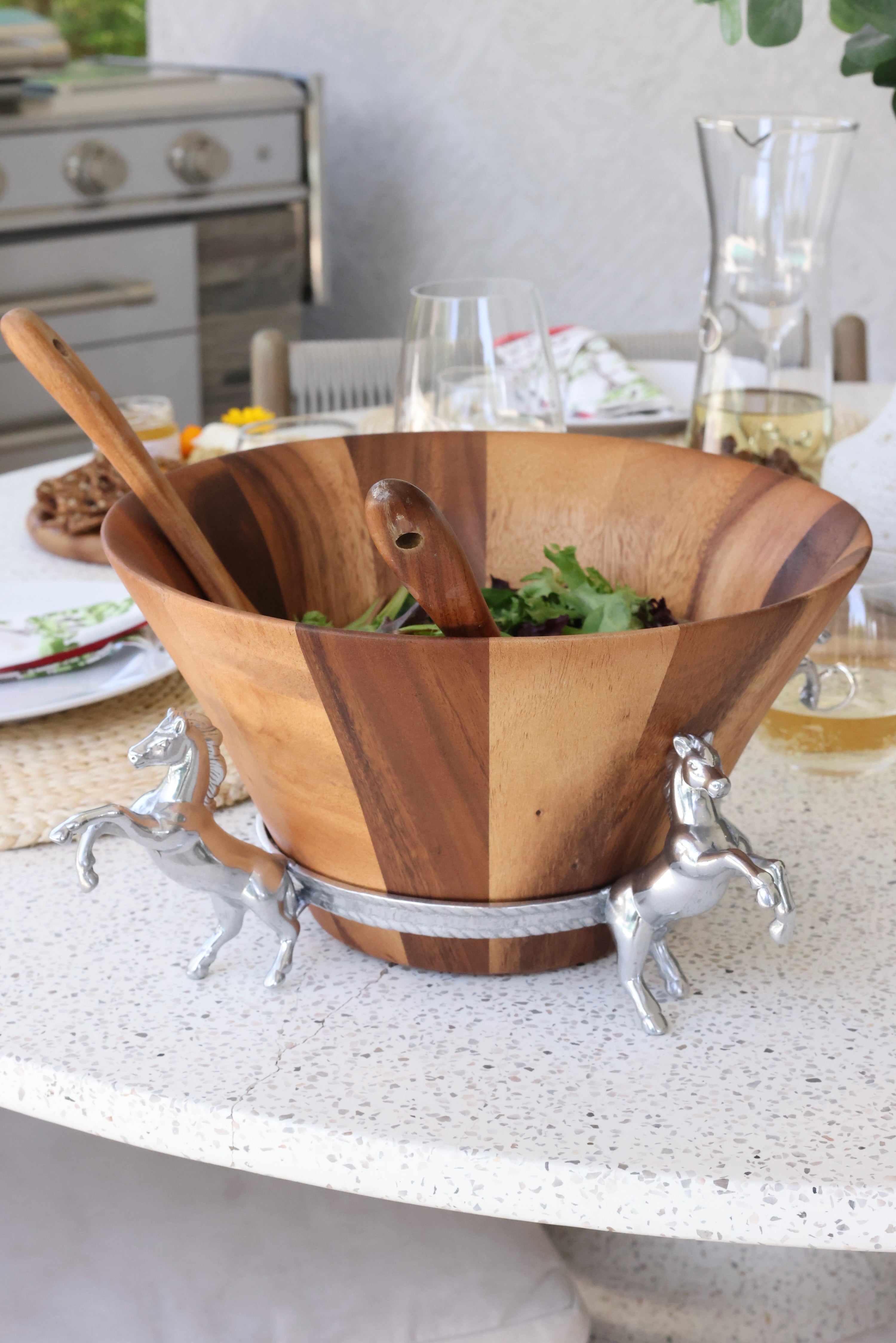 arthur court stylish equestrian four in hand wooden salad bowl