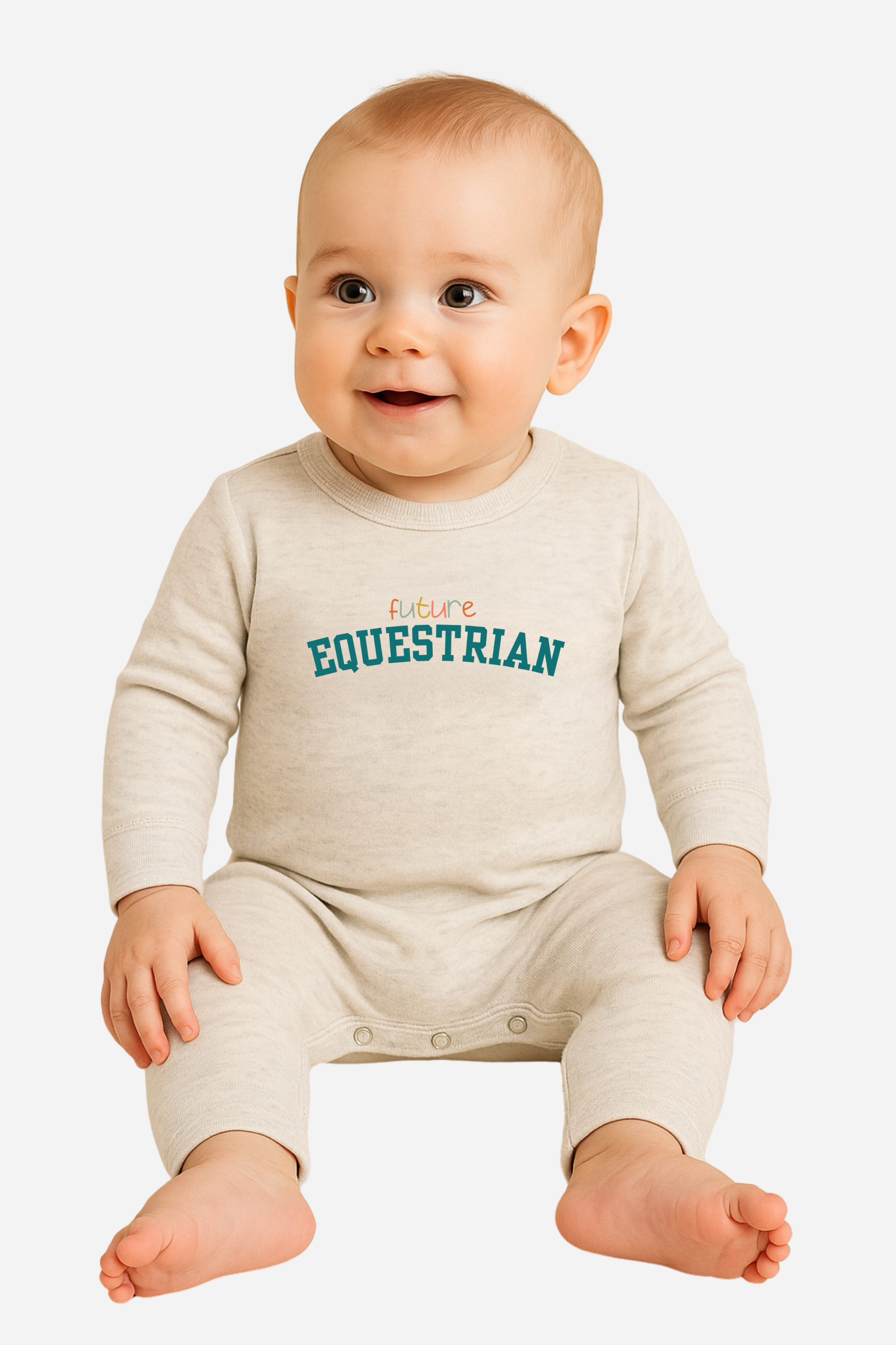 Future Equestrian baby onesie made from ultra-soft cotton/poly fleece blend featuring playful ‘Future Equestrian’ text. Cozy unisex fit with full snap closure bottom and two-snap back for easy changing. Available in sizes 6–12 months, 12–18 months, and 18–24 months. Perfect baby gift for horse lovers and young riders. Future Equestrian Onesie, baby equestrian outfit, horse lover baby gift, equestrian baby clothes, toddler horse onesie, unisex baby romper, horse themed infant apparel, cozy fleece 