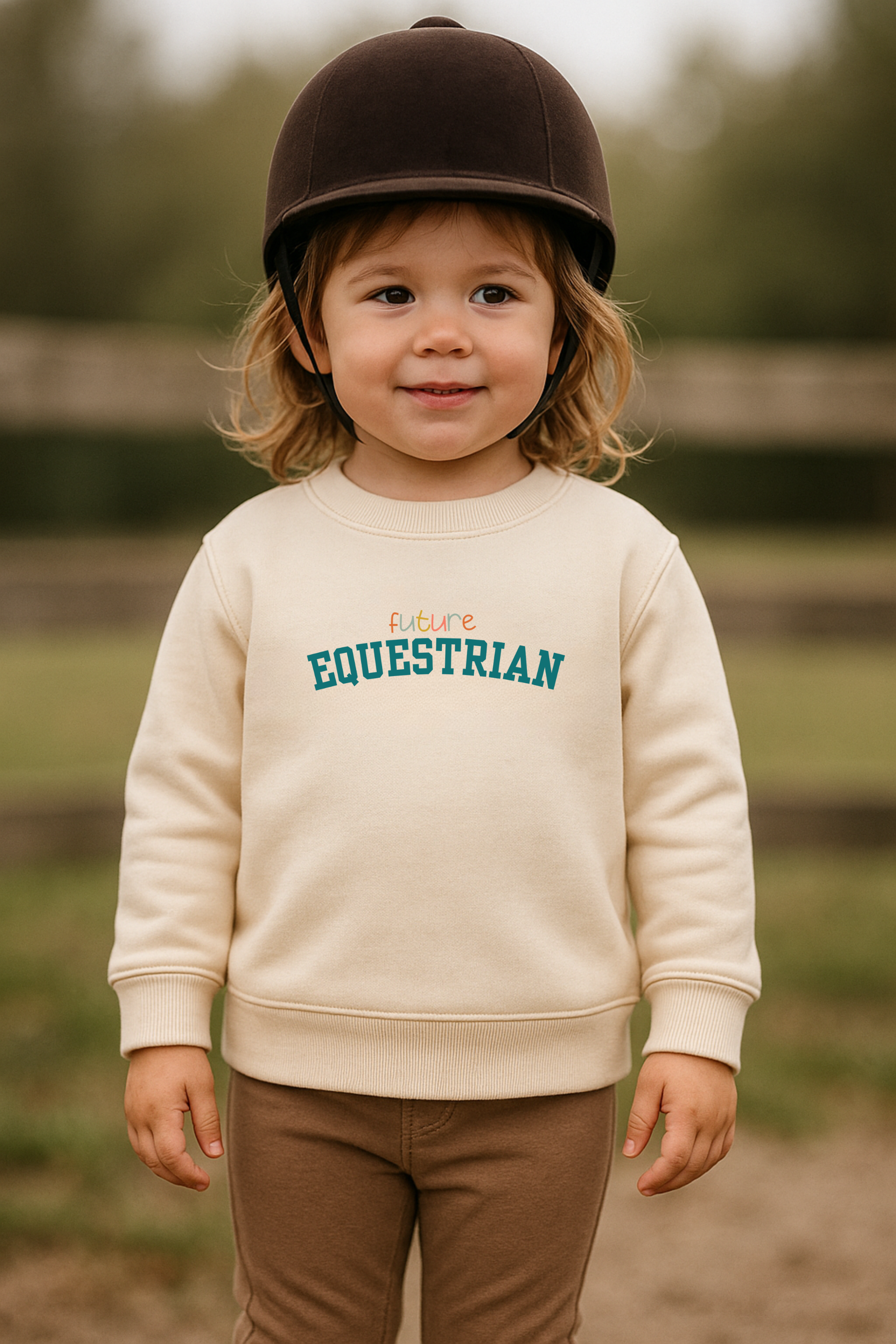 Future Equestrian toddler sweatshirt made from soft cotton/poly sponge fleece, featuring playful ‘Future Equestrian’ text across the front. Cozy unisex pullover with ribbed cuffs and relaxed fit for comfort and durability. Available in sizes 2T, 3T, 4T, and 5/6. Perfect for young riders and horse-loving kids. Future Equestrian Sweatshirt, kids equestrian apparel, toddler horse sweatshirt, horse lover kids clothing, equestrian children’s clothes, unisex equestrian sweatshirt, soft fleece pullover