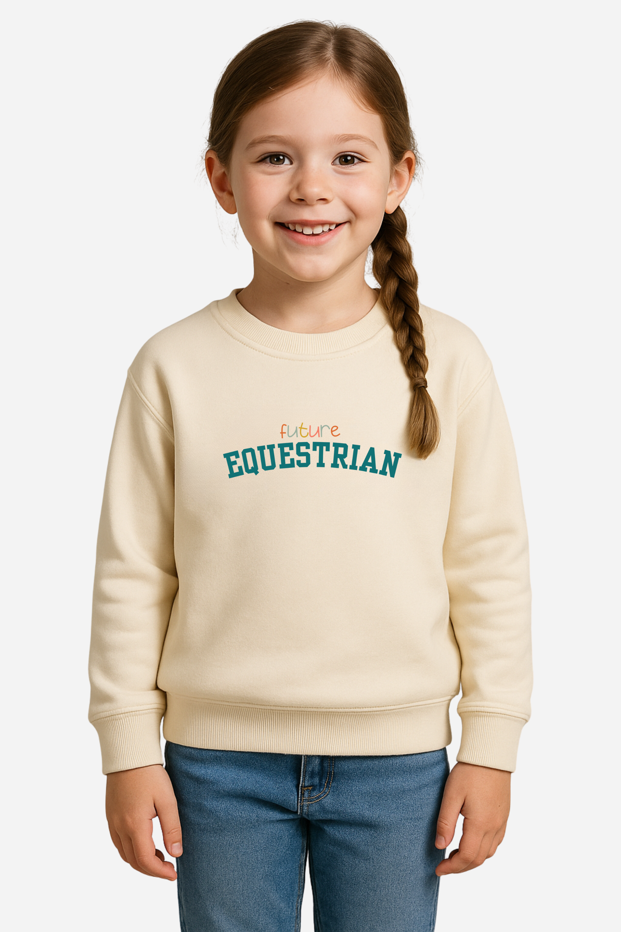 Future Equestrian toddler sweatshirt made from soft cotton/poly sponge fleece, featuring playful ‘Future Equestrian’ text across the front. Cozy unisex pullover with ribbed cuffs and relaxed fit for comfort and durability. Available in sizes 2T, 3T, 4T, and 5/6. Perfect for young riders and horse-loving kids. Future Equestrian Sweatshirt, kids equestrian apparel, toddler horse sweatshirt, horse lover kids clothing, equestrian children’s clothes, unisex equestrian sweatshirt, soft fleece pullover
